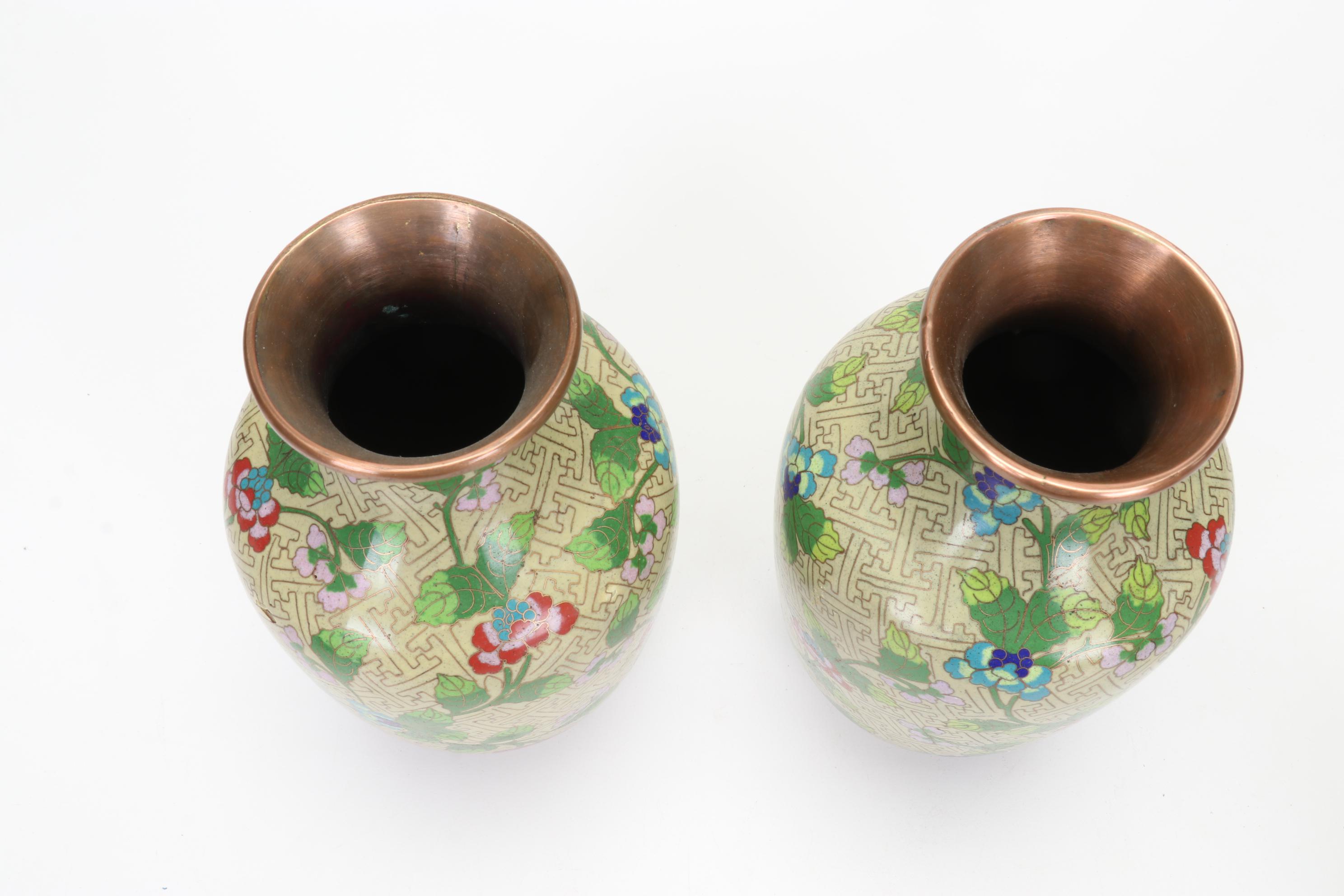 Chinese Cloisonné Vases, Carved Faux Cinnabar Trinket Box and Embroidered Silk