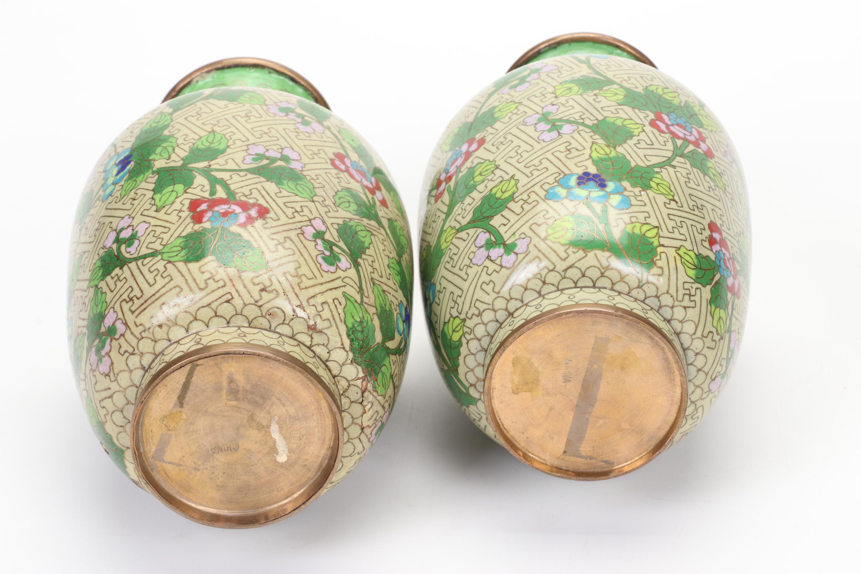 Chinese Cloisonné Vases, Carved Faux Cinnabar Trinket Box and Embroidered Silk