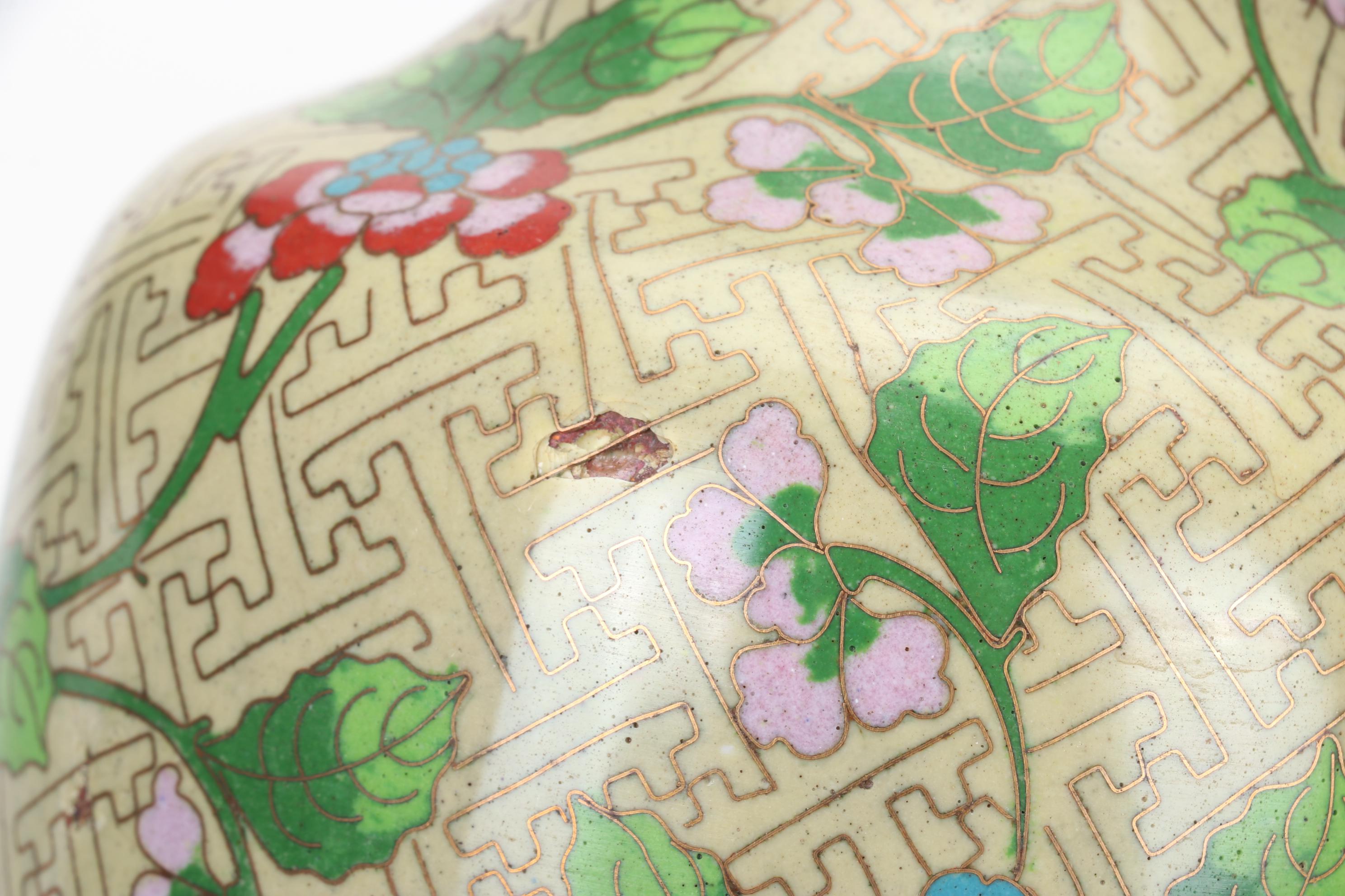 Chinese Cloisonné Vases, Carved Faux Cinnabar Trinket Box and Embroidered Silk