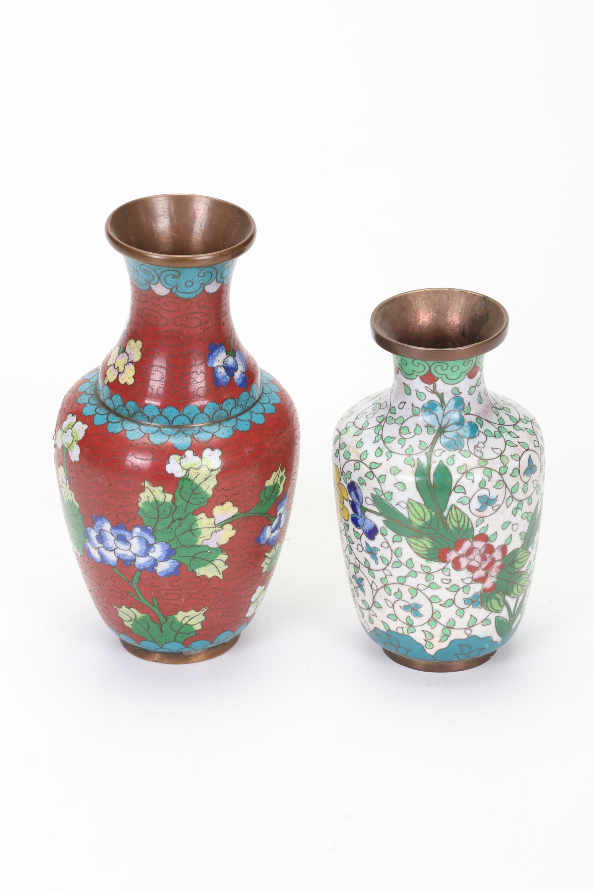 Chinese Cloisonné Vases, Carved Faux Cinnabar Trinket Box and Embroidered Silk