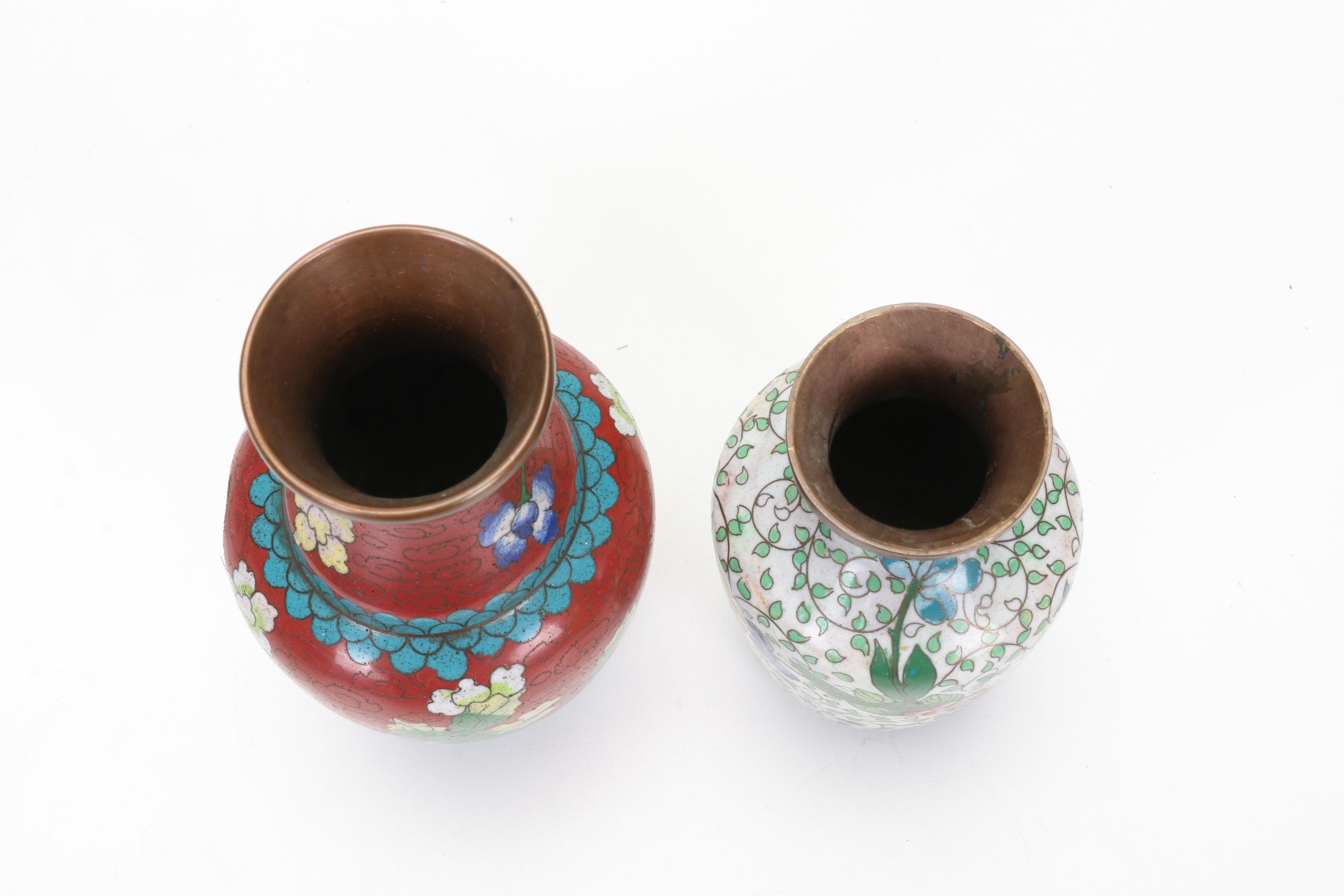 Chinese Cloisonné Vases, Carved Faux Cinnabar Trinket Box and Embroidered Silk