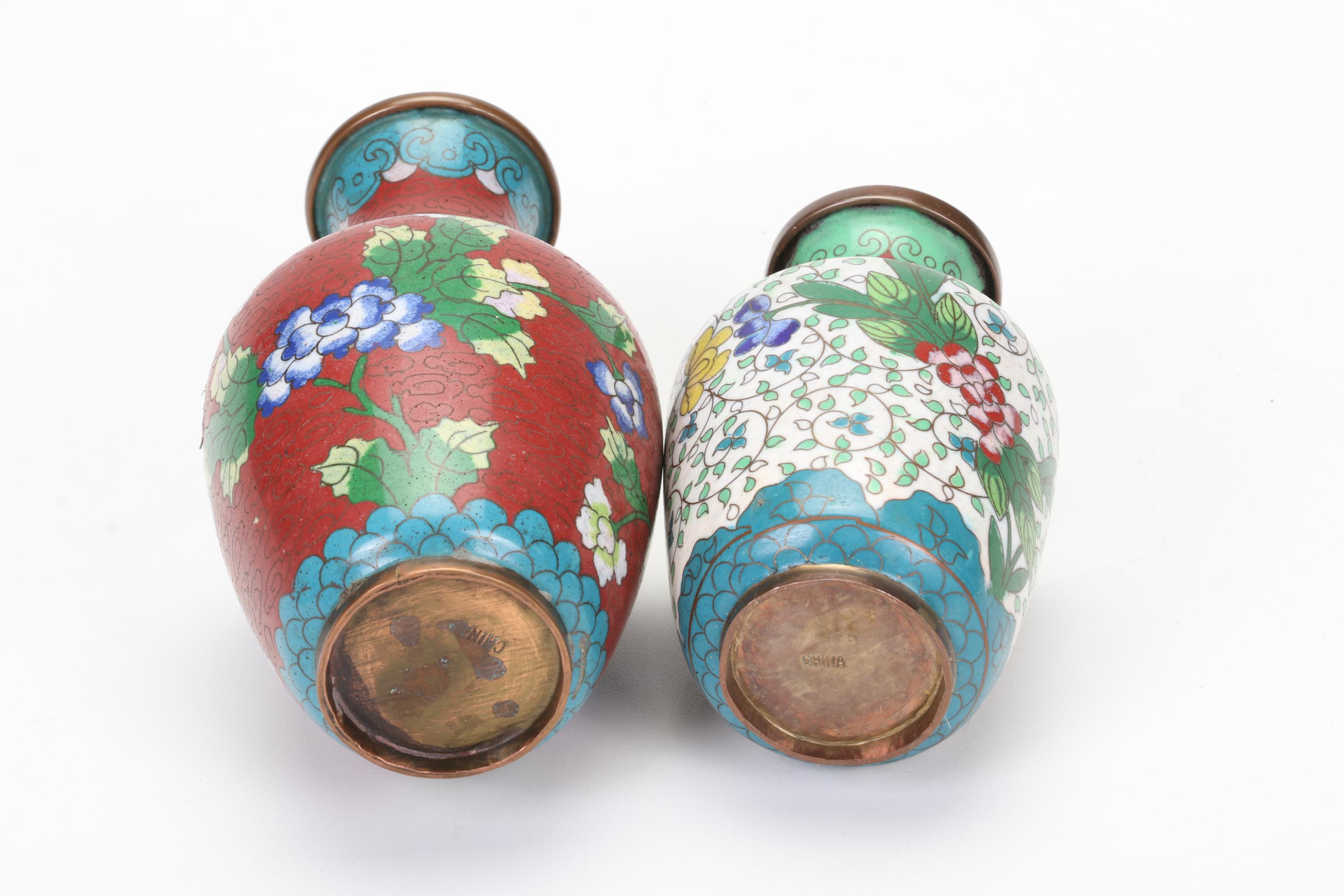 Chinese Cloisonné Vases, Carved Faux Cinnabar Trinket Box and Embroidered Silk