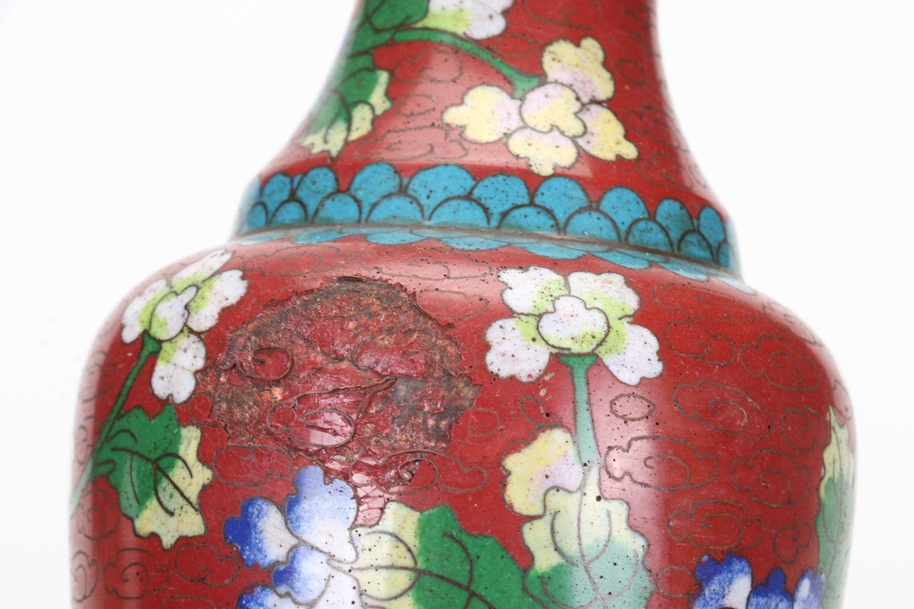 Chinese Cloisonné Vases, Carved Faux Cinnabar Trinket Box and Embroidered Silk