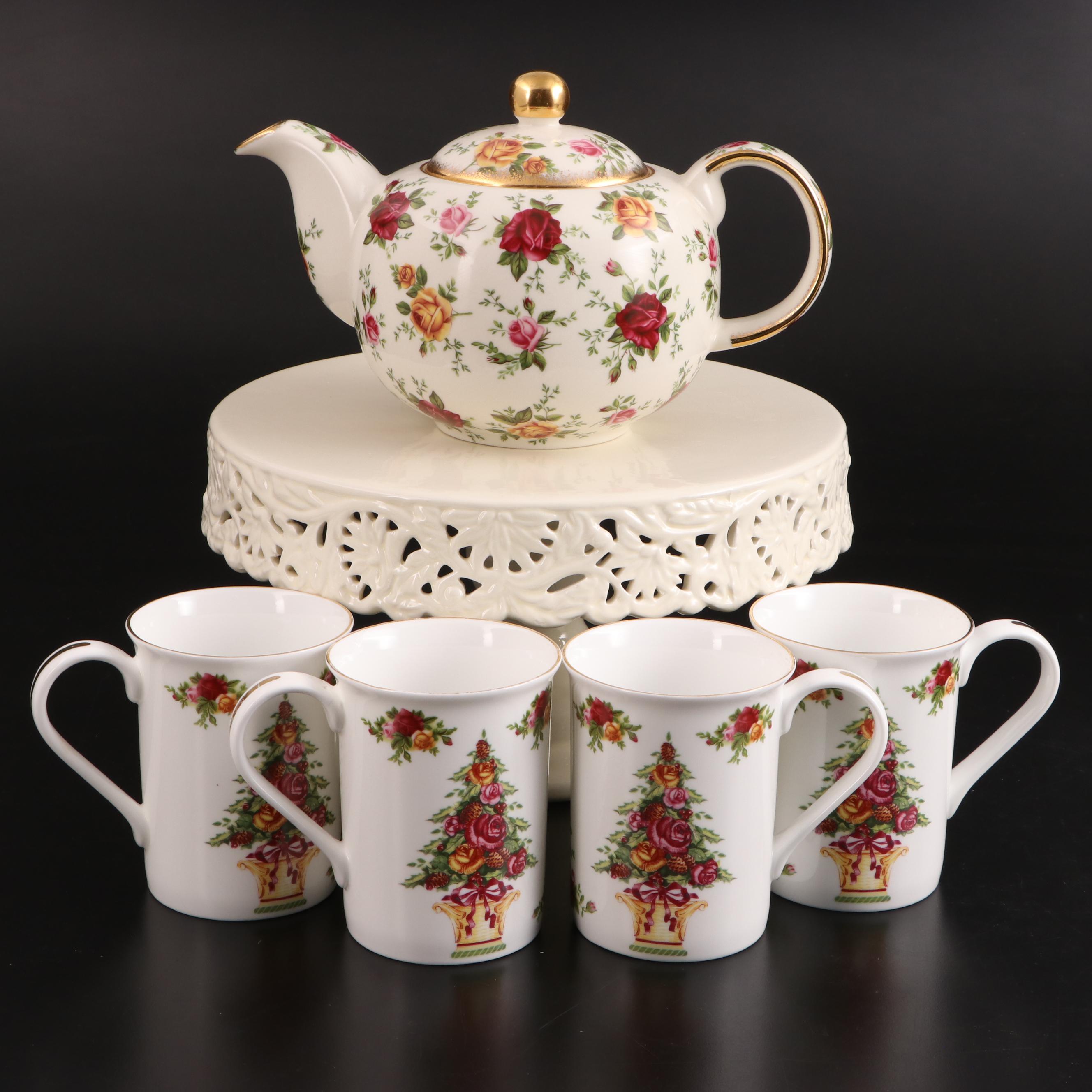 Royal Albert "Old Country Roses" China Teapot and Four Mugs with Cake Stand