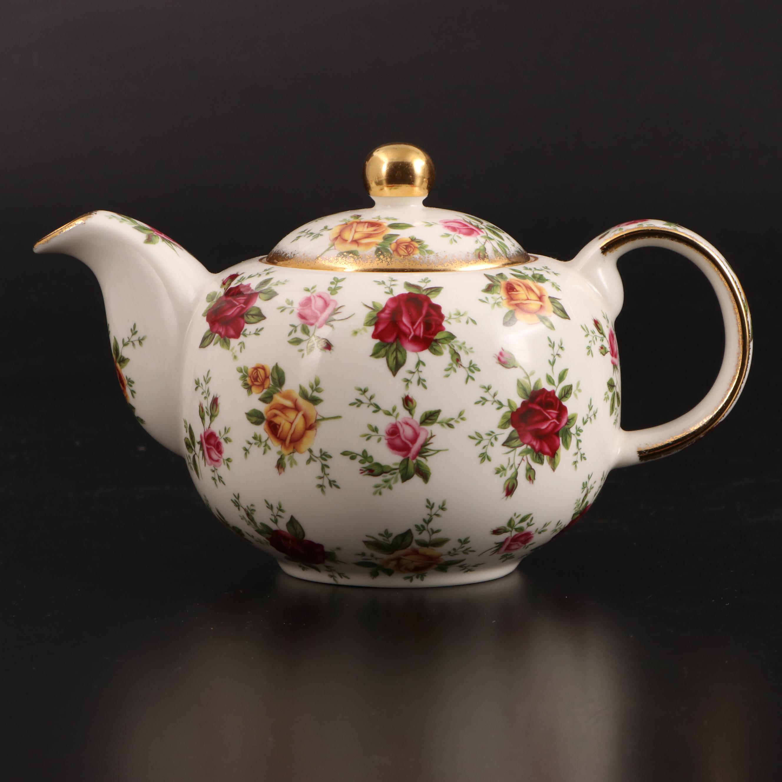 Royal Albert "Old Country Roses" China Teapot and Four Mugs with Cake Stand