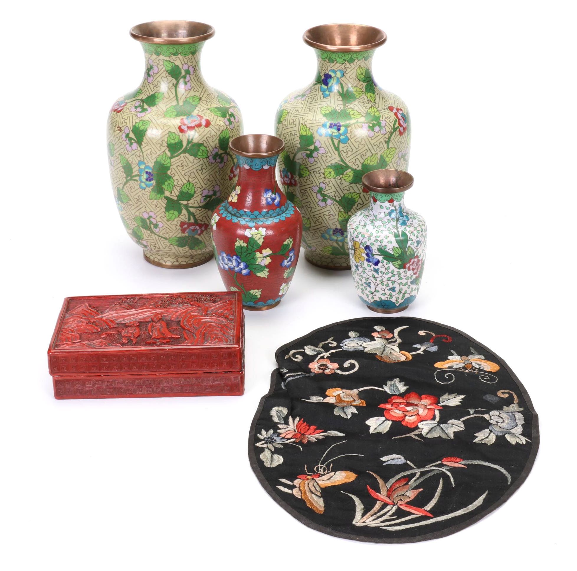 Chinese Cloisonné Vases, Carved Faux Cinnabar Trinket Box and Embroidered Silk