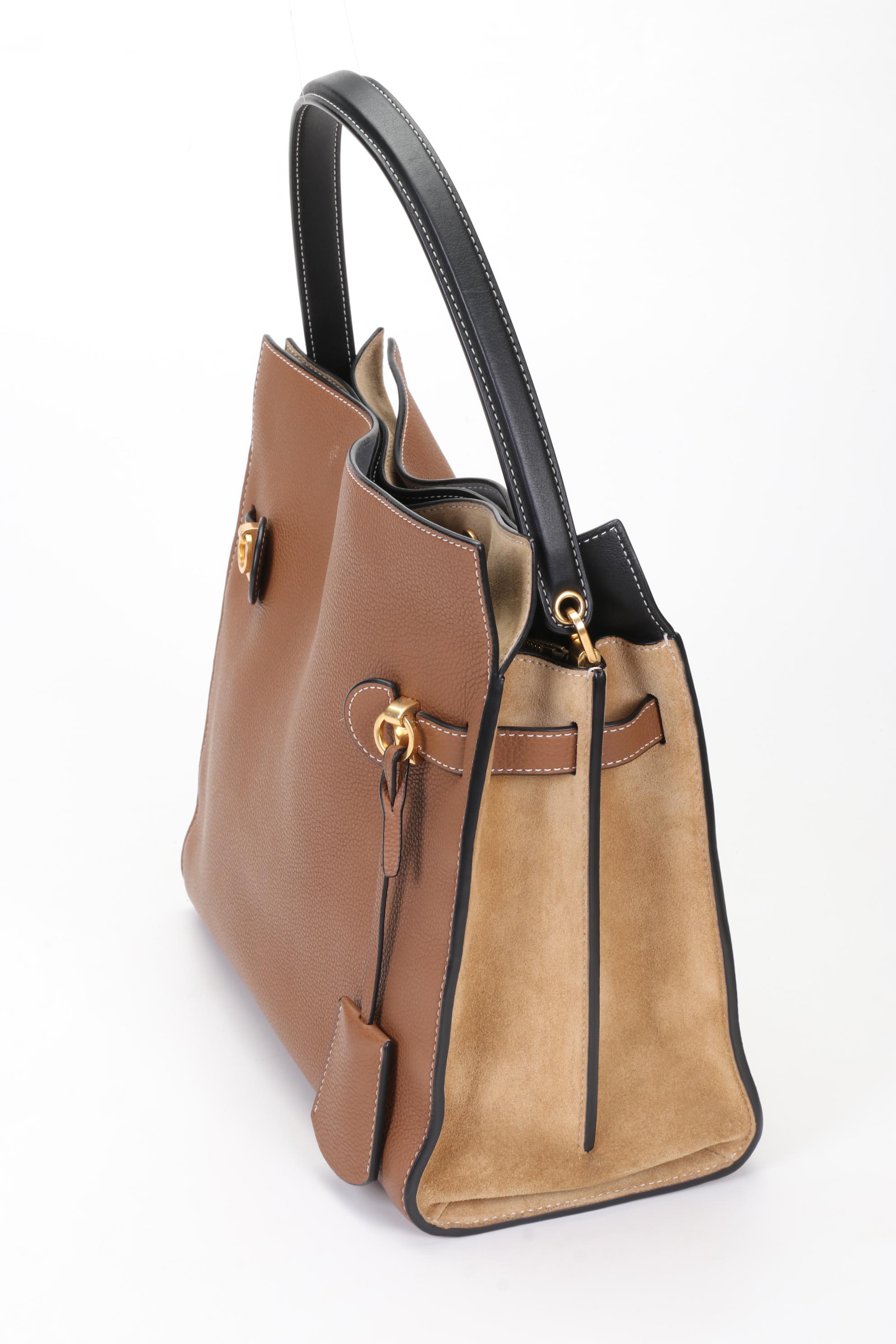 Tory Burch Lee Radziwill Double Bag In Tan Pebbled Leather and Suede