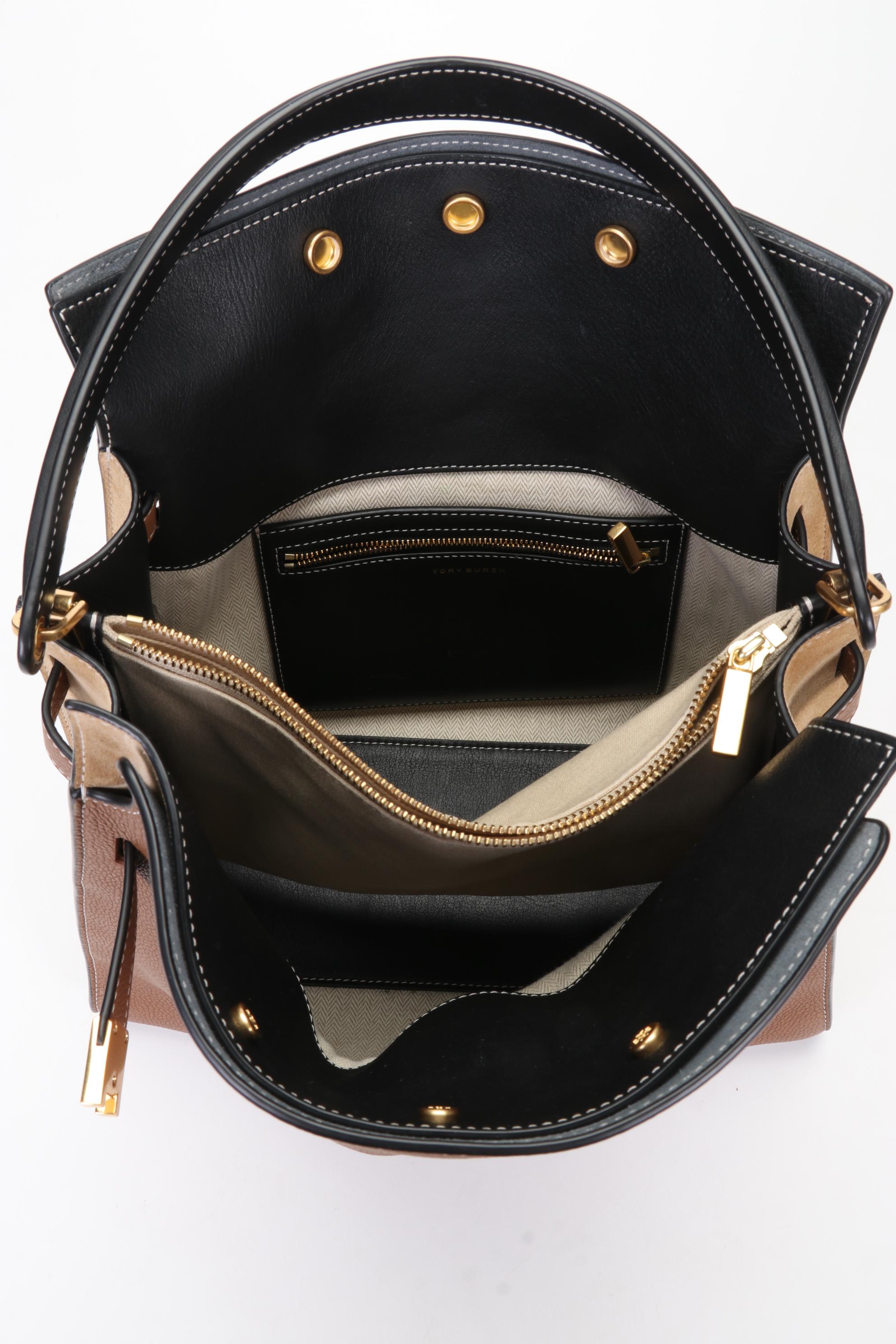 Tory Burch Lee Radziwill Double Bag In Tan Pebbled Leather and Suede