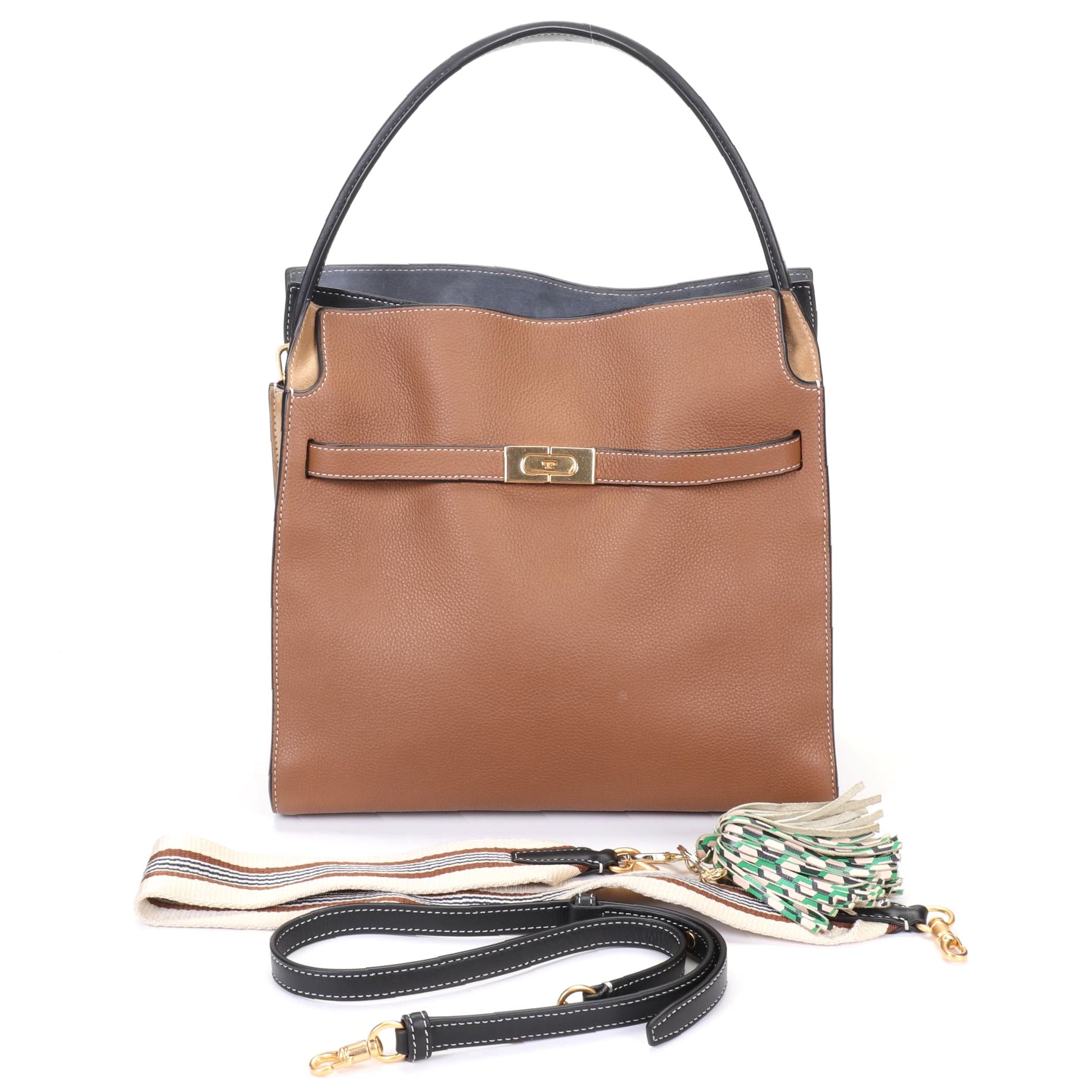 Tory Burch Lee Radziwill Double Bag In Tan Pebbled Leather and Suede