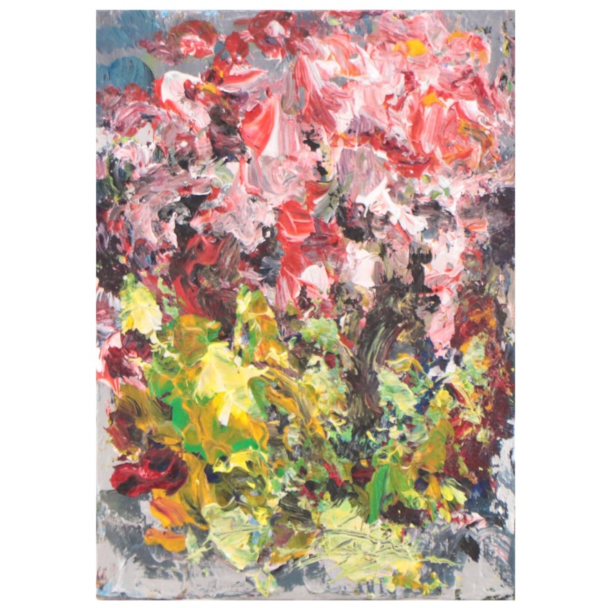 Leif Janek Abstract Acrylic Painting of Cherry Blossoms, 21st Century