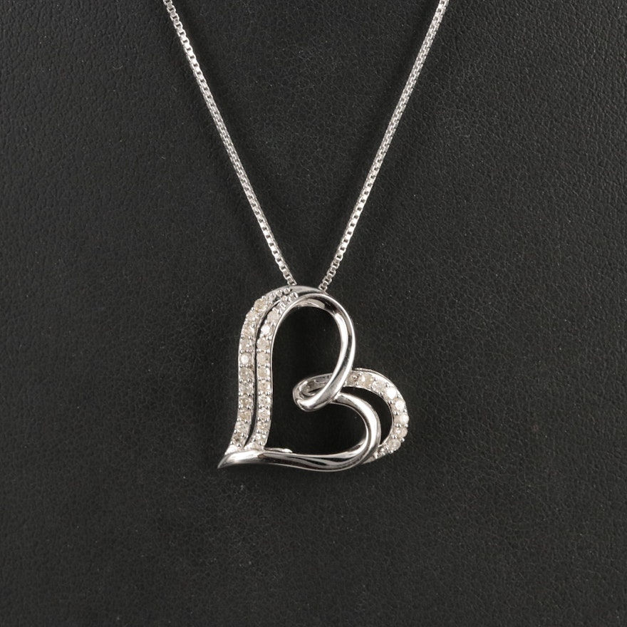 Sterling Diamond Double Heart Pendant Necklace