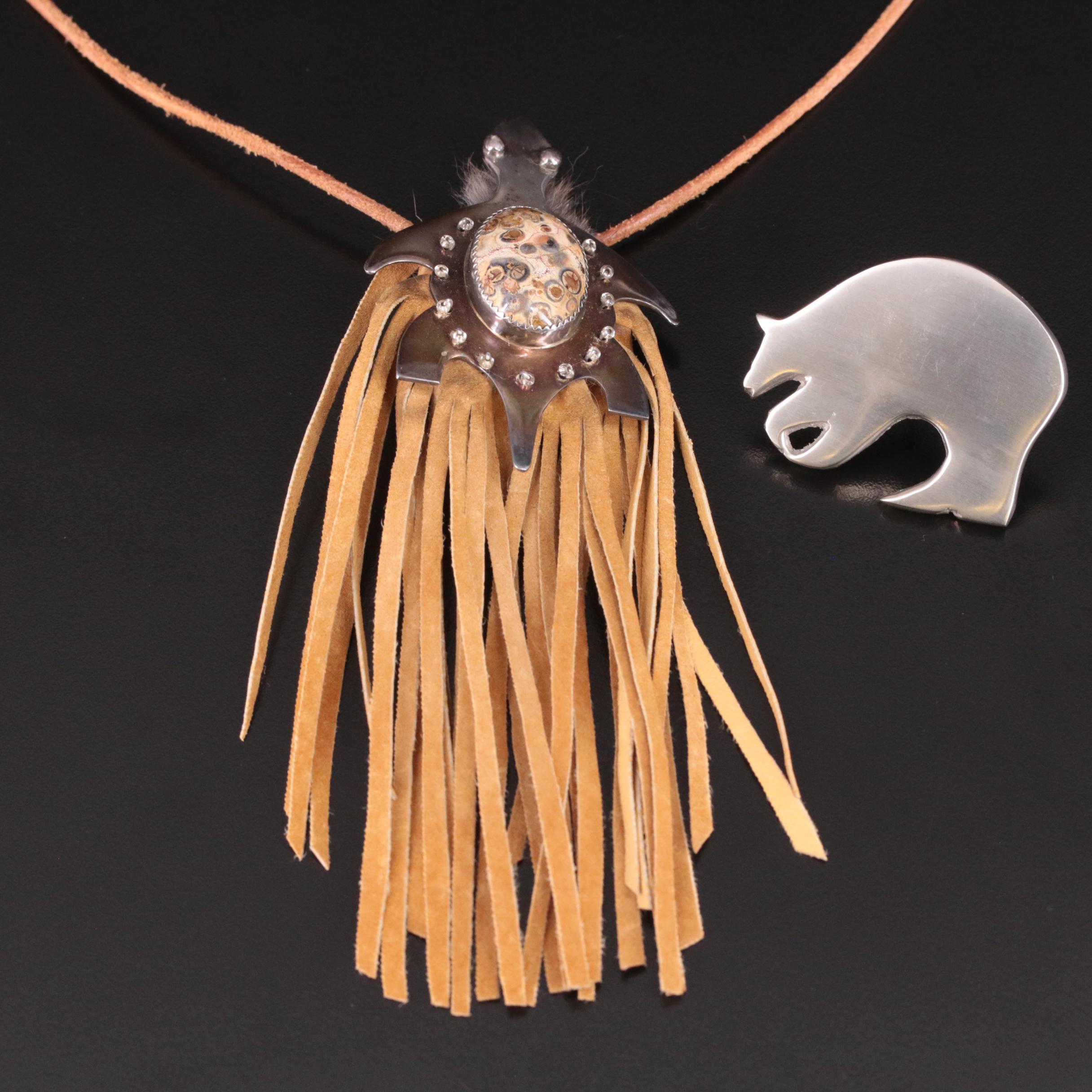 Sterling and Jasper Turtle Pouch Necklace and Bear Pin