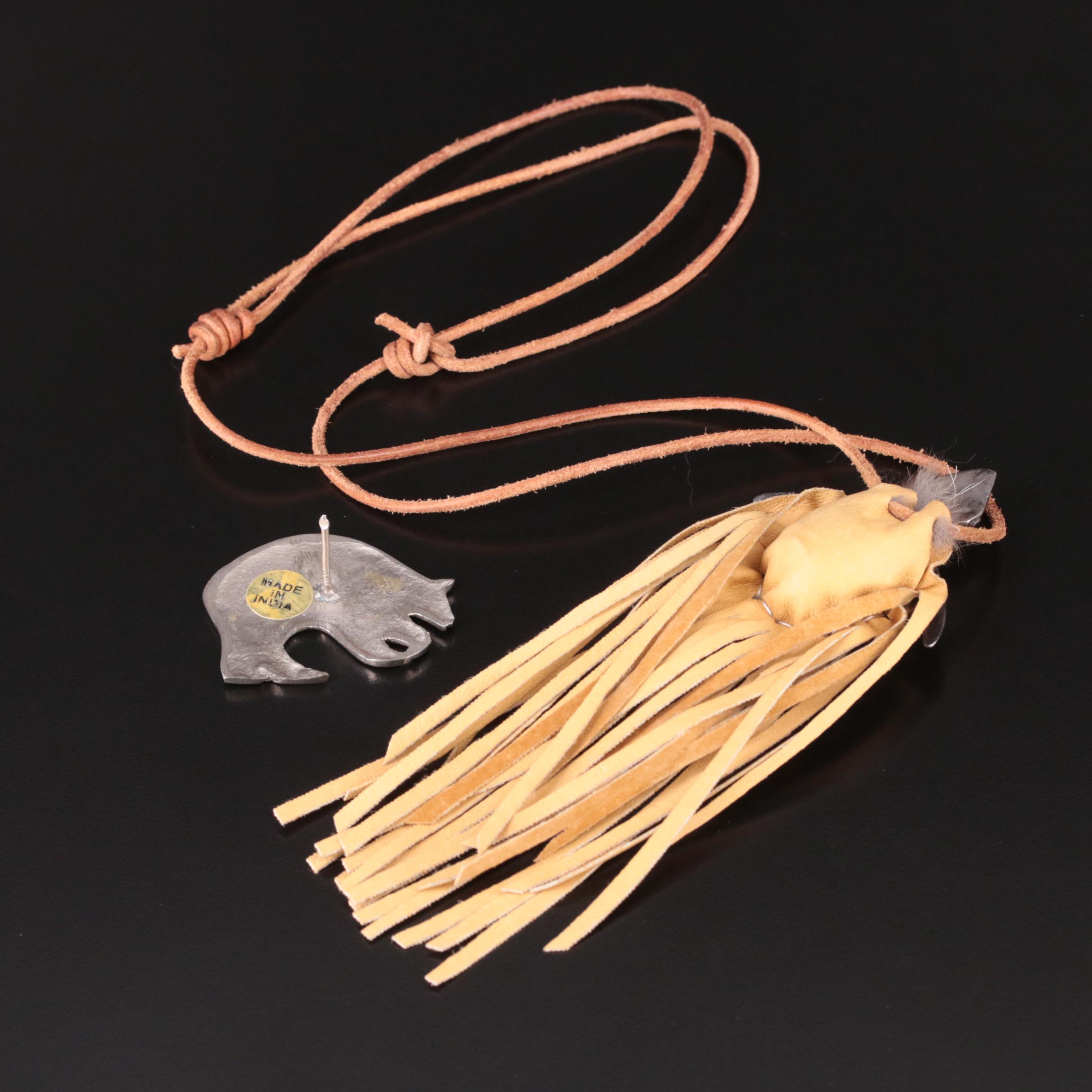 Sterling and Jasper Turtle Pouch Necklace and Bear Pin