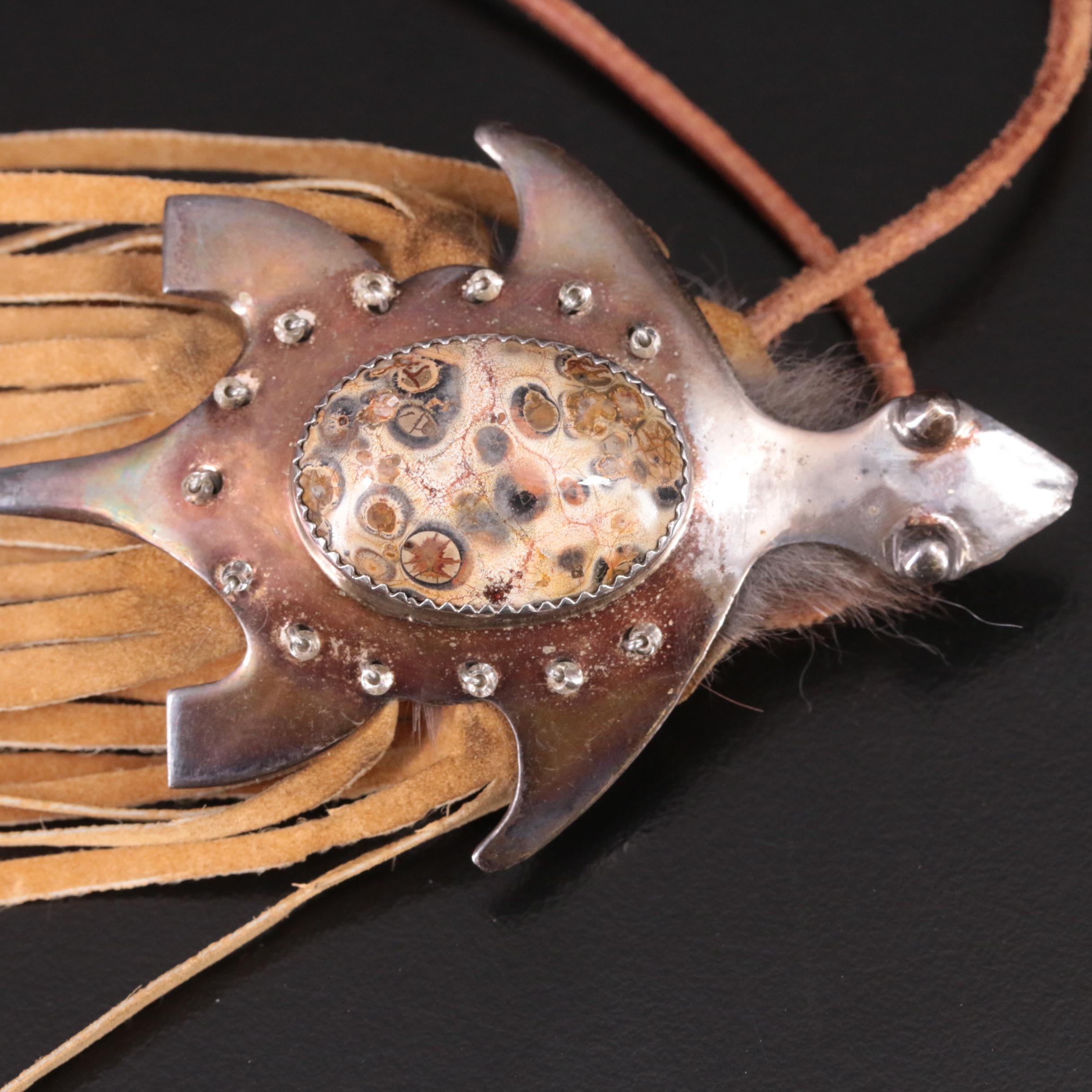 Sterling and Jasper Turtle Pouch Necklace and Bear Pin