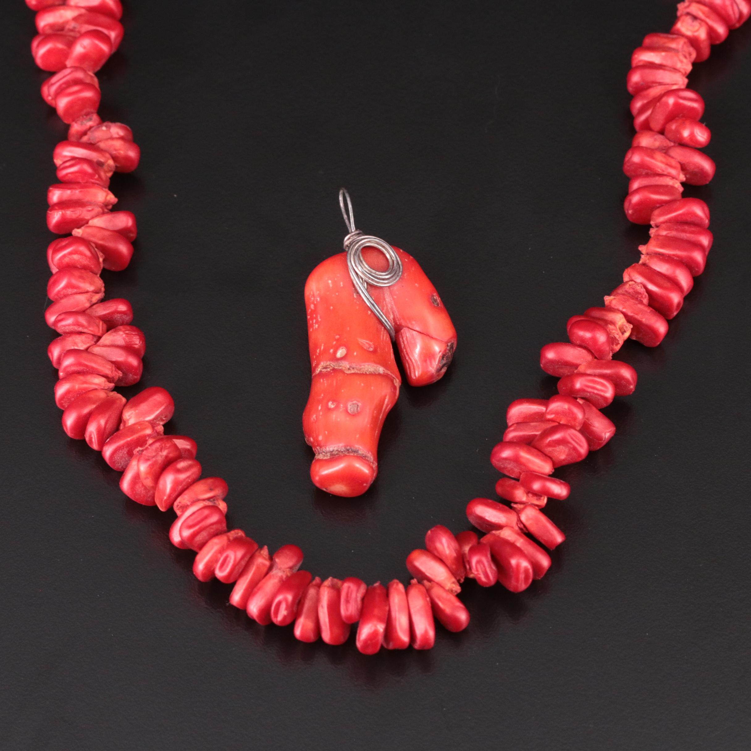 Sterling Coral and Corn Beaded Necklace and Pendant
