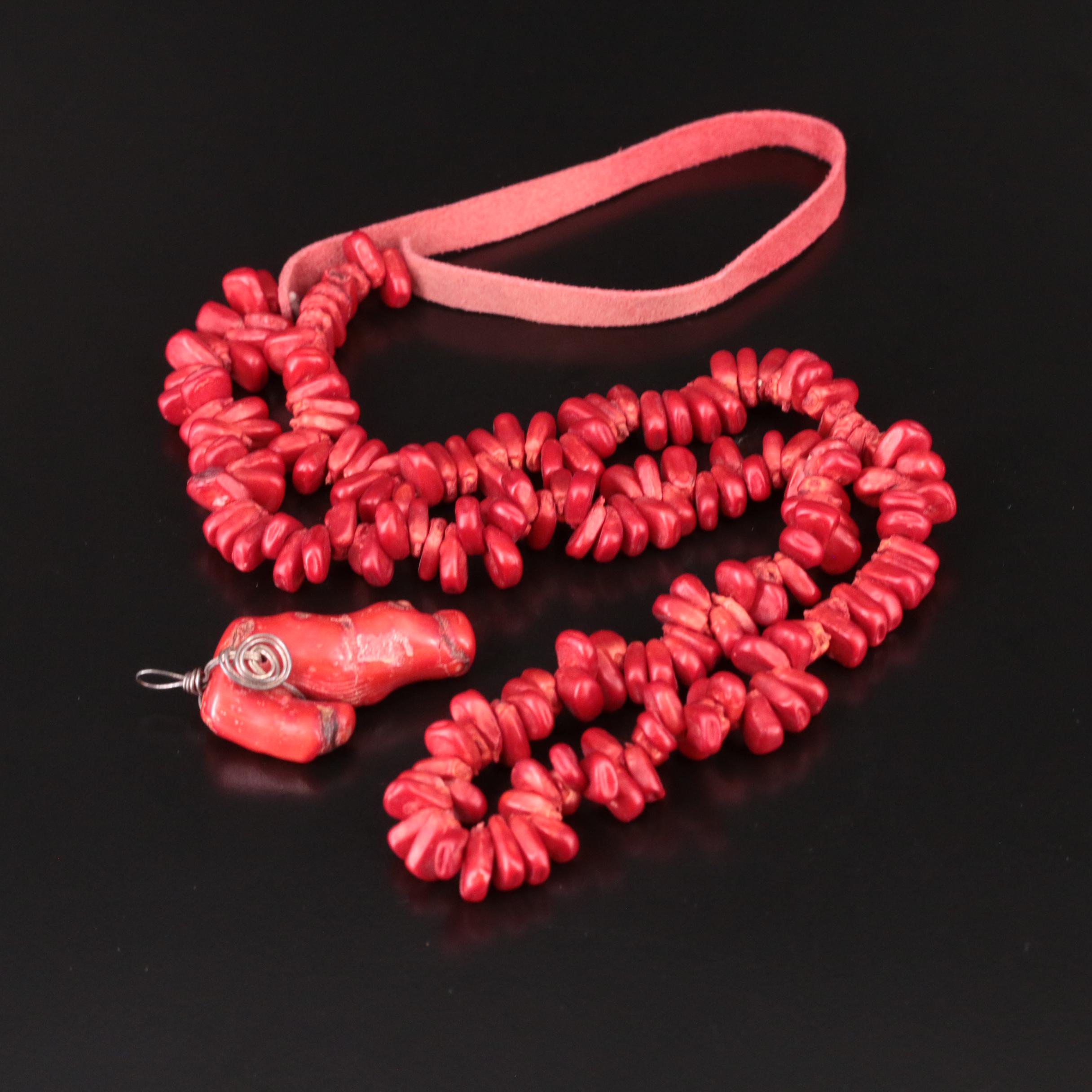 Sterling Coral and Corn Beaded Necklace and Pendant