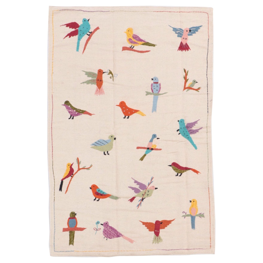 3'10 x 6' Handwoven Indian Area Rug with Bird Embroidery