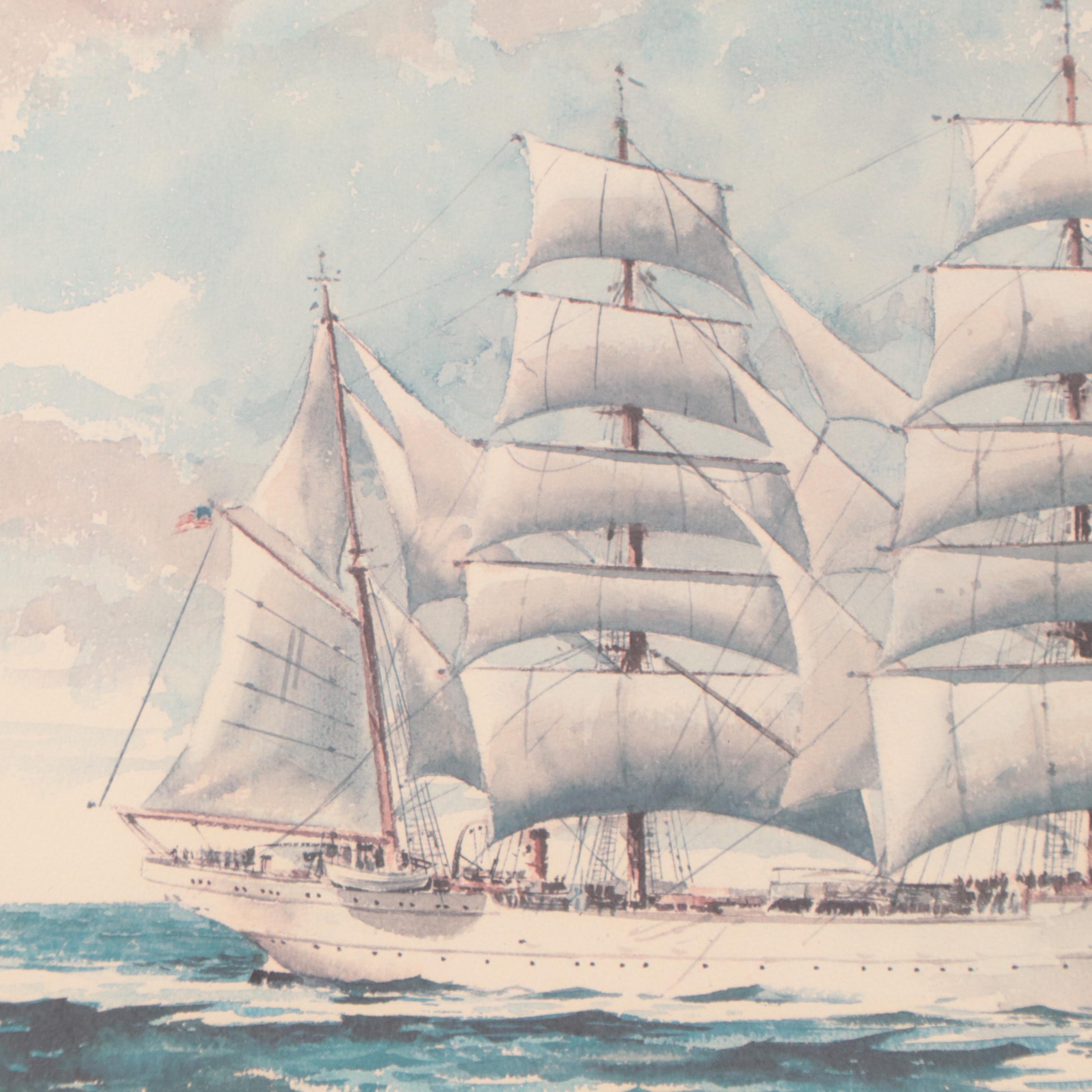 Offset Lithograph of Clipper Ship, Late 20th Century