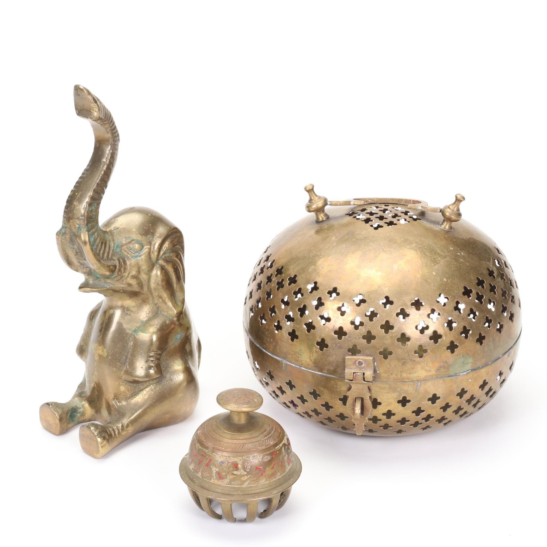 Round Brass Box, Elephant Claw Bell, and Sitting Elephant Figurine