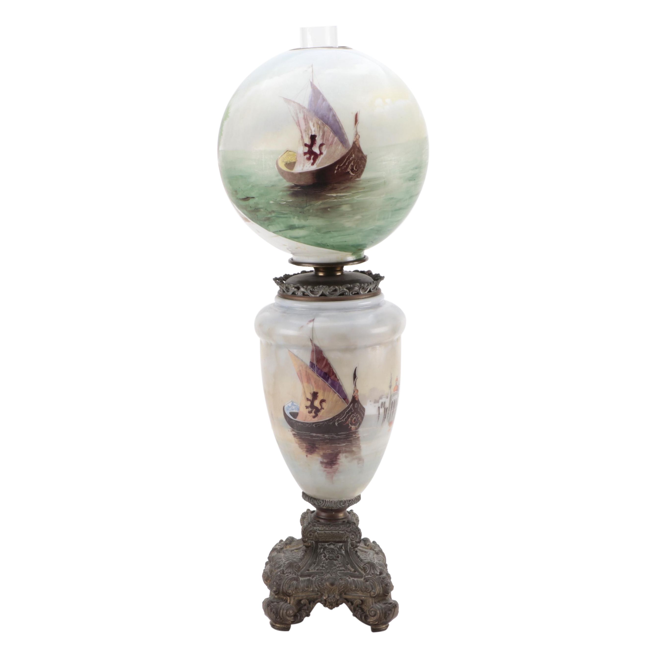 Victorian Parlor Oil Lamp with Hand-Painted Milk Glass Venetian Scene, Adapted