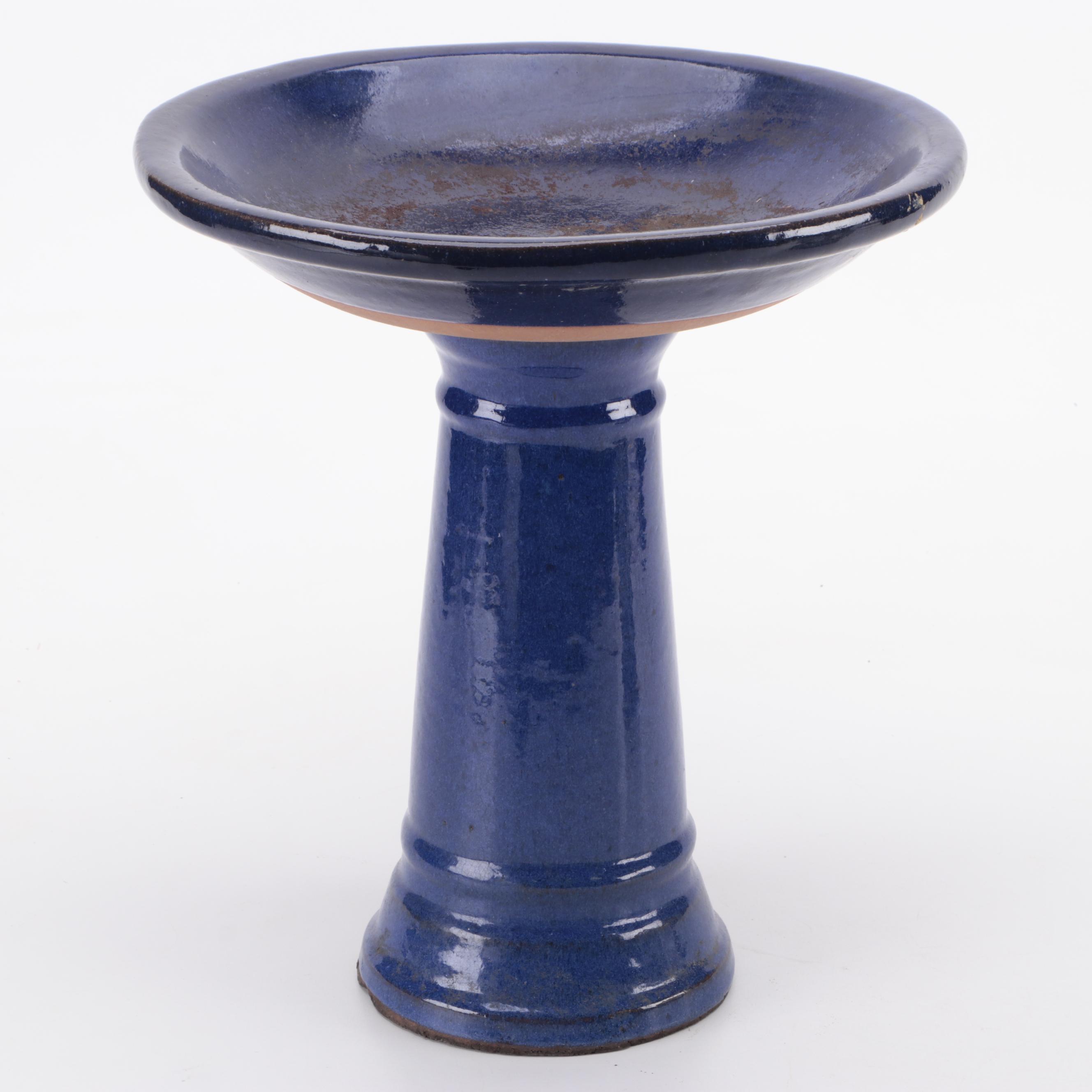 Decorative Blue and White Ceramic Bird Cage with Cobalt Terracotta Bird Bath