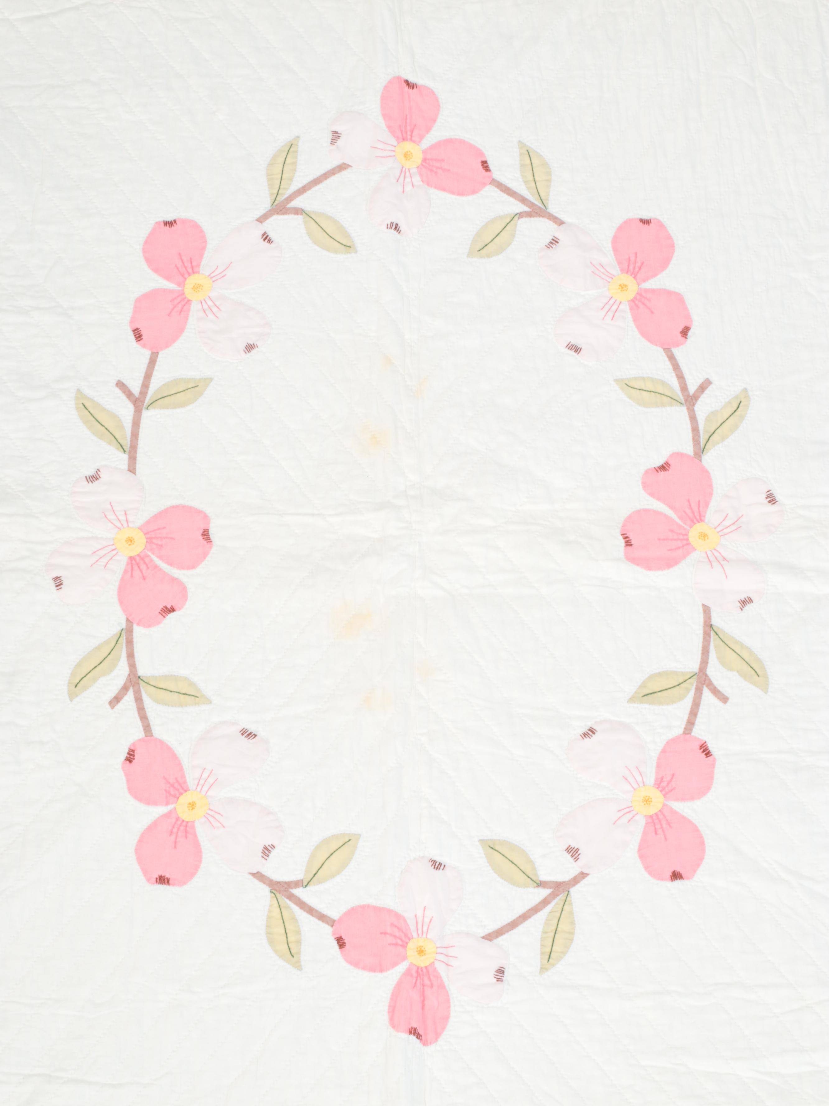 Handmade Dogwood Appliqué Quilt, Mid to Late 20th Century