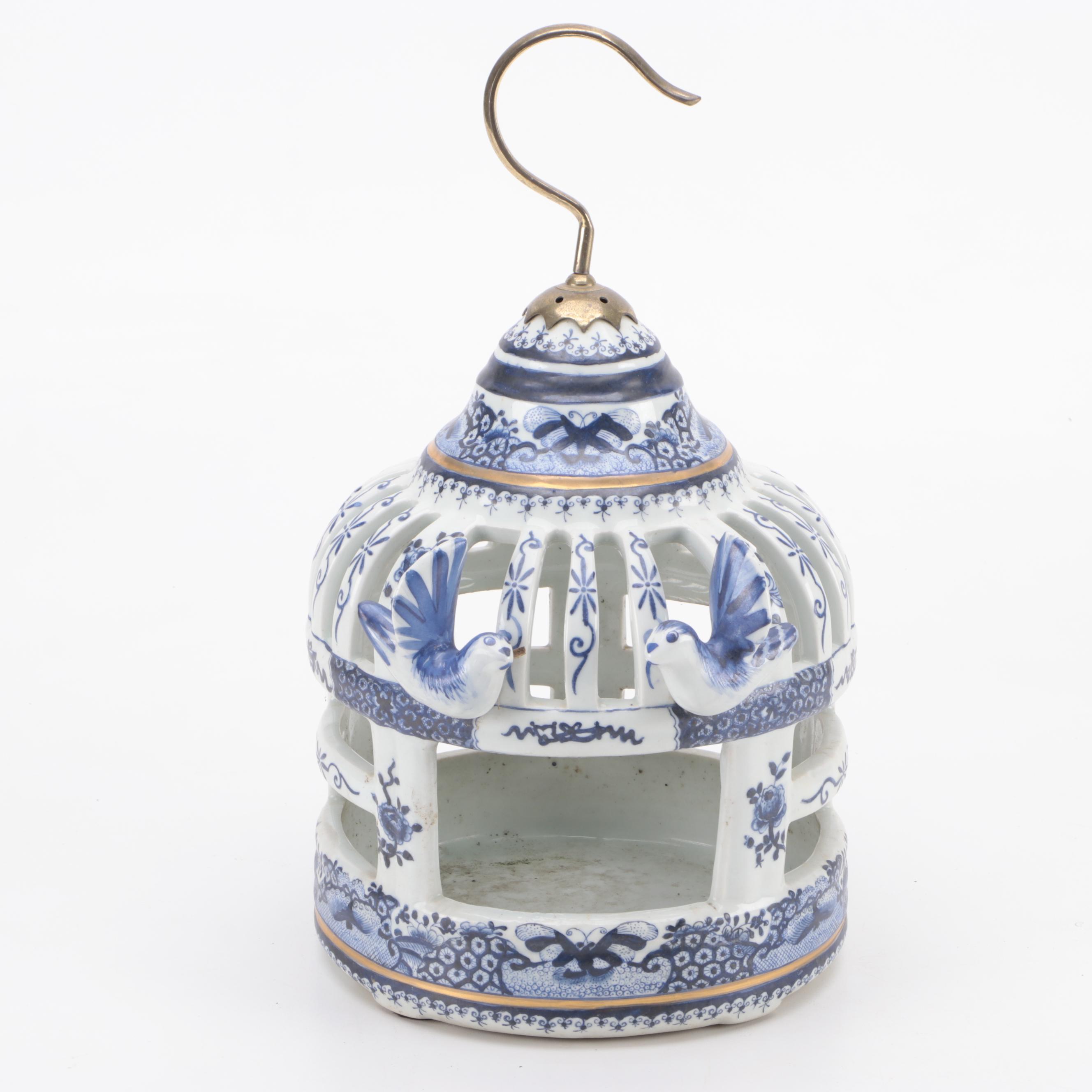 Decorative Blue and White Ceramic Bird Cage with Cobalt Terracotta Bird Bath