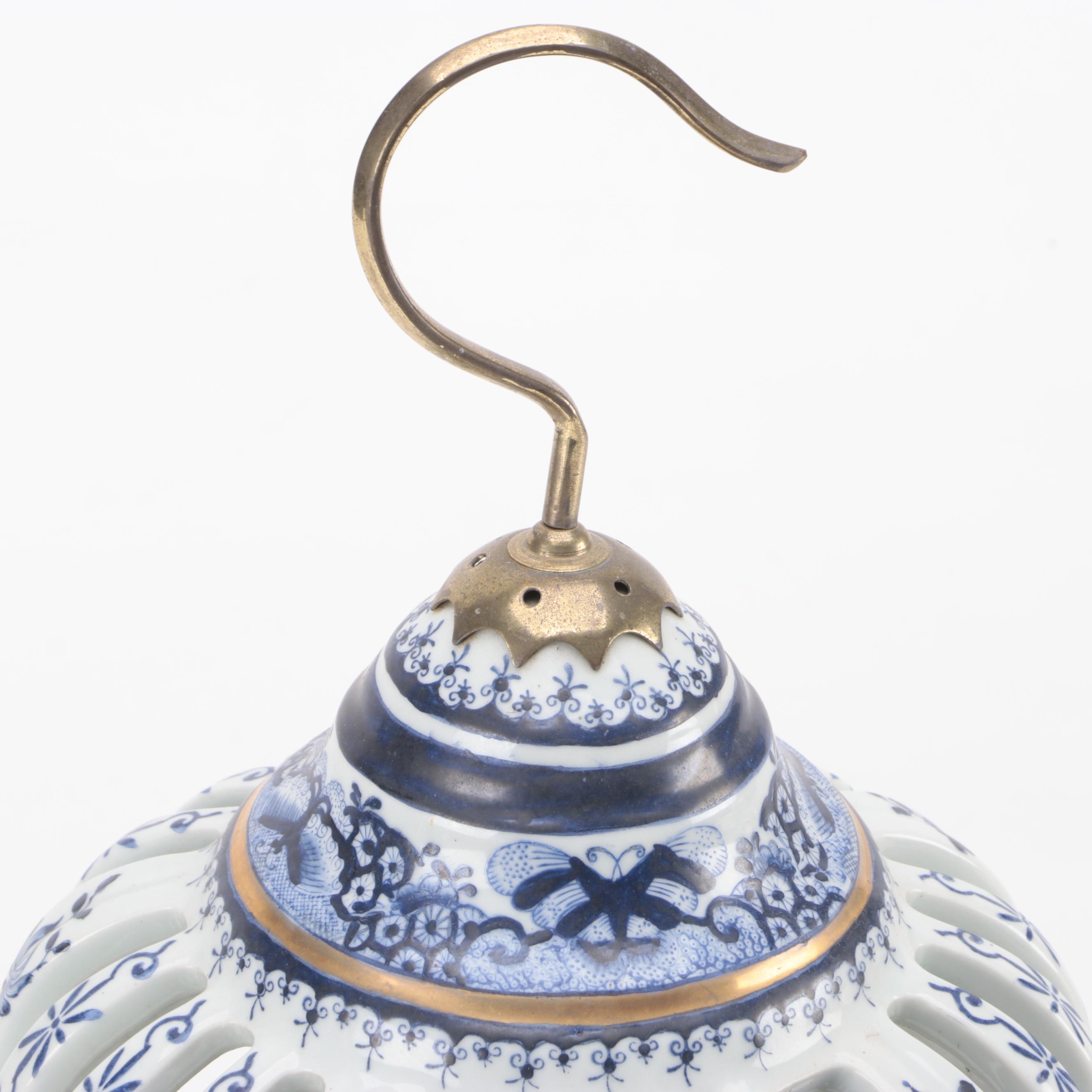 Decorative Blue and White Ceramic Bird Cage with Cobalt Terracotta Bird Bath