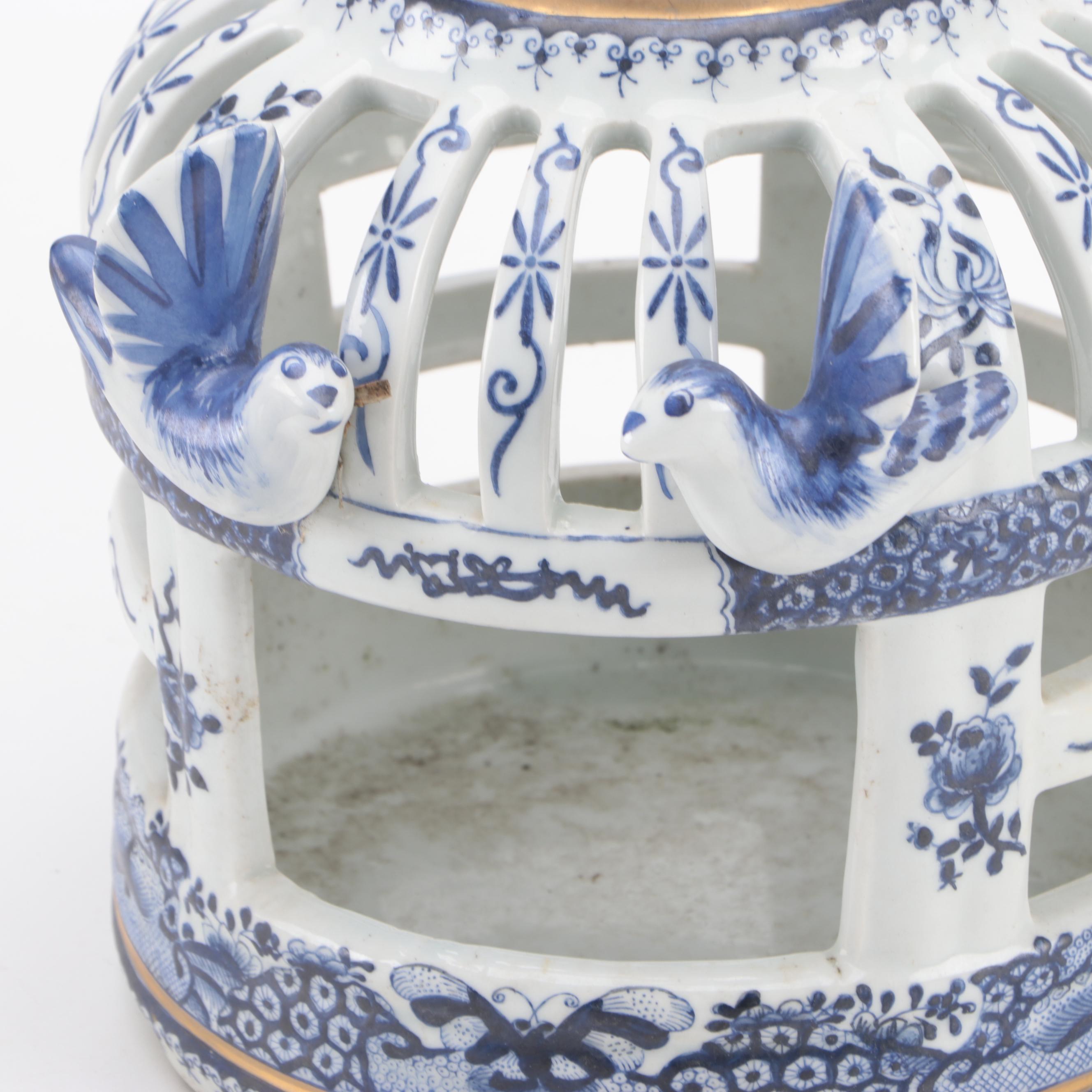 Decorative Blue and White Ceramic Bird Cage with Cobalt Terracotta Bird Bath