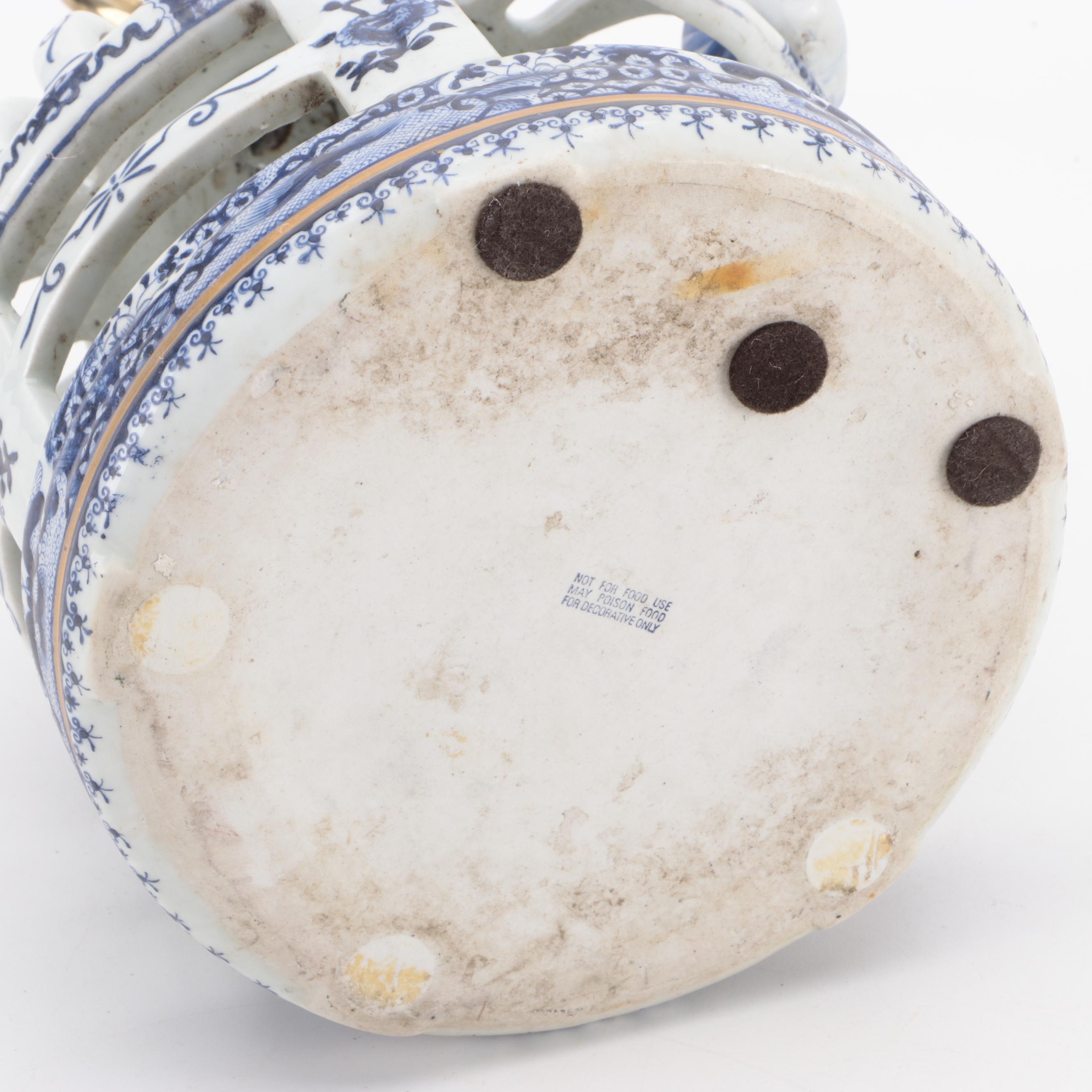 Decorative Blue and White Ceramic Bird Cage with Cobalt Terracotta Bird Bath