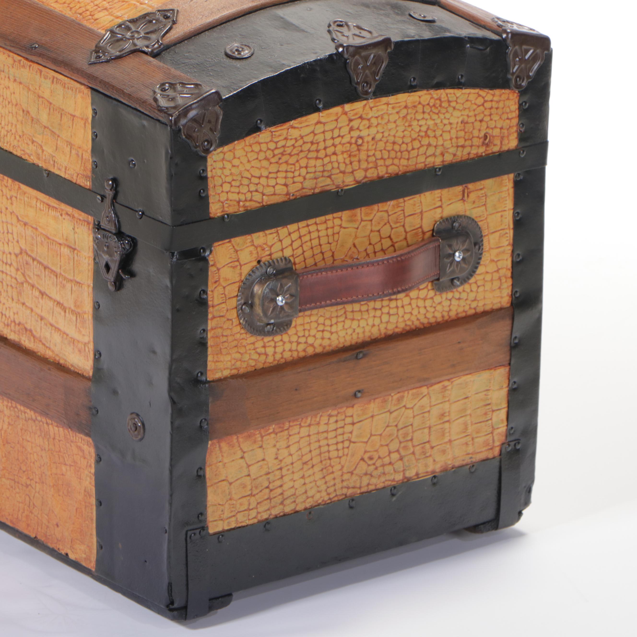 Small Late Victorian Alligator-Embossed Metal Dome Top Steamer Trunk