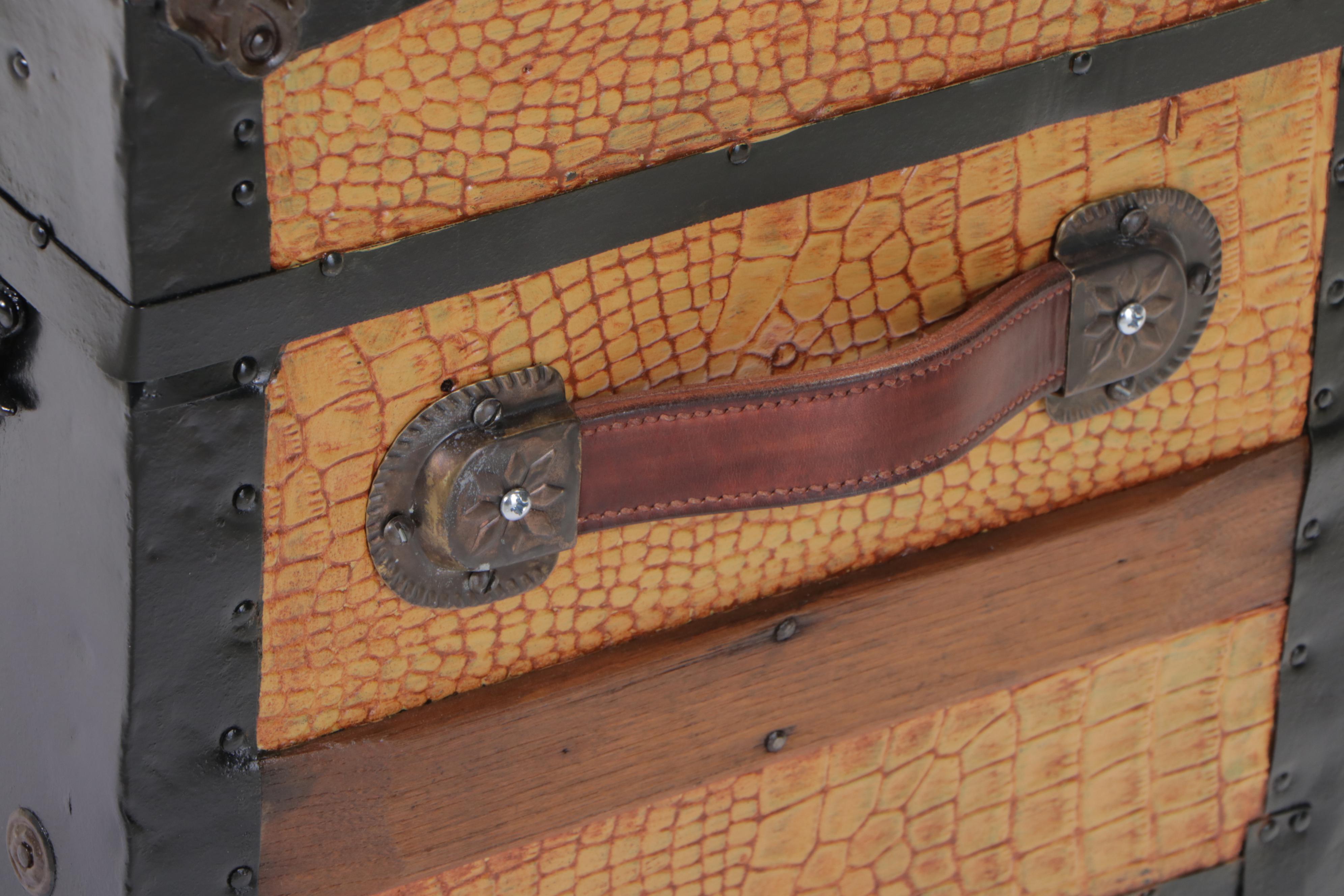 Small Late Victorian Alligator-Embossed Metal Dome Top Steamer Trunk
