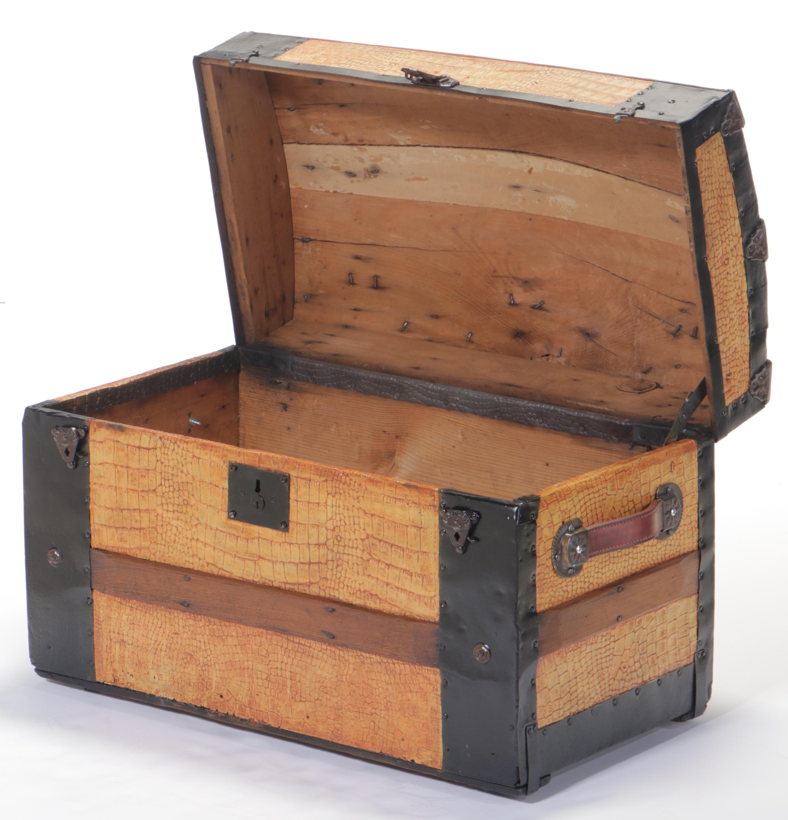 Small Late Victorian Alligator-Embossed Metal Dome Top Steamer Trunk