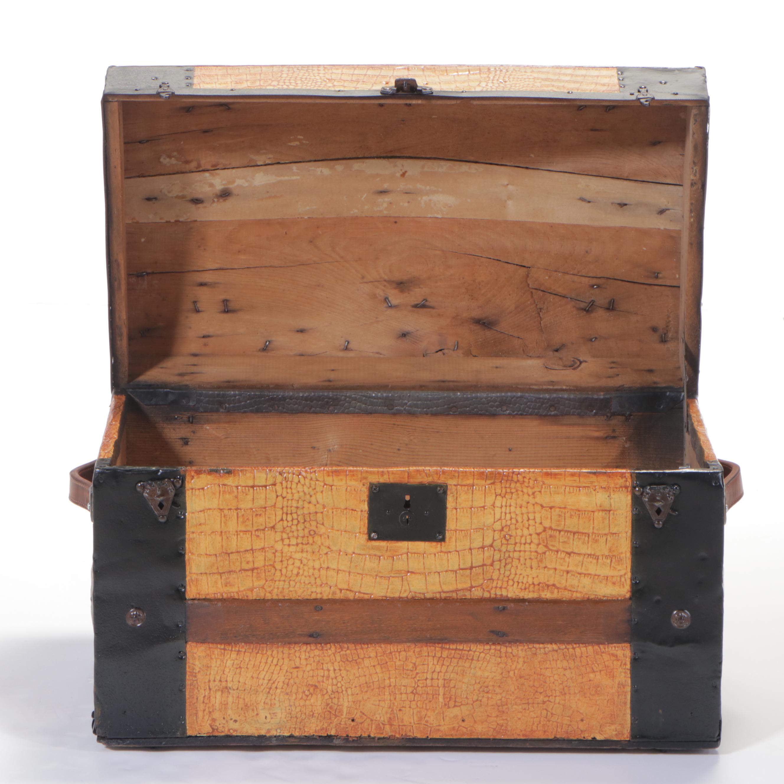 Small Late Victorian Alligator-Embossed Metal Dome Top Steamer Trunk