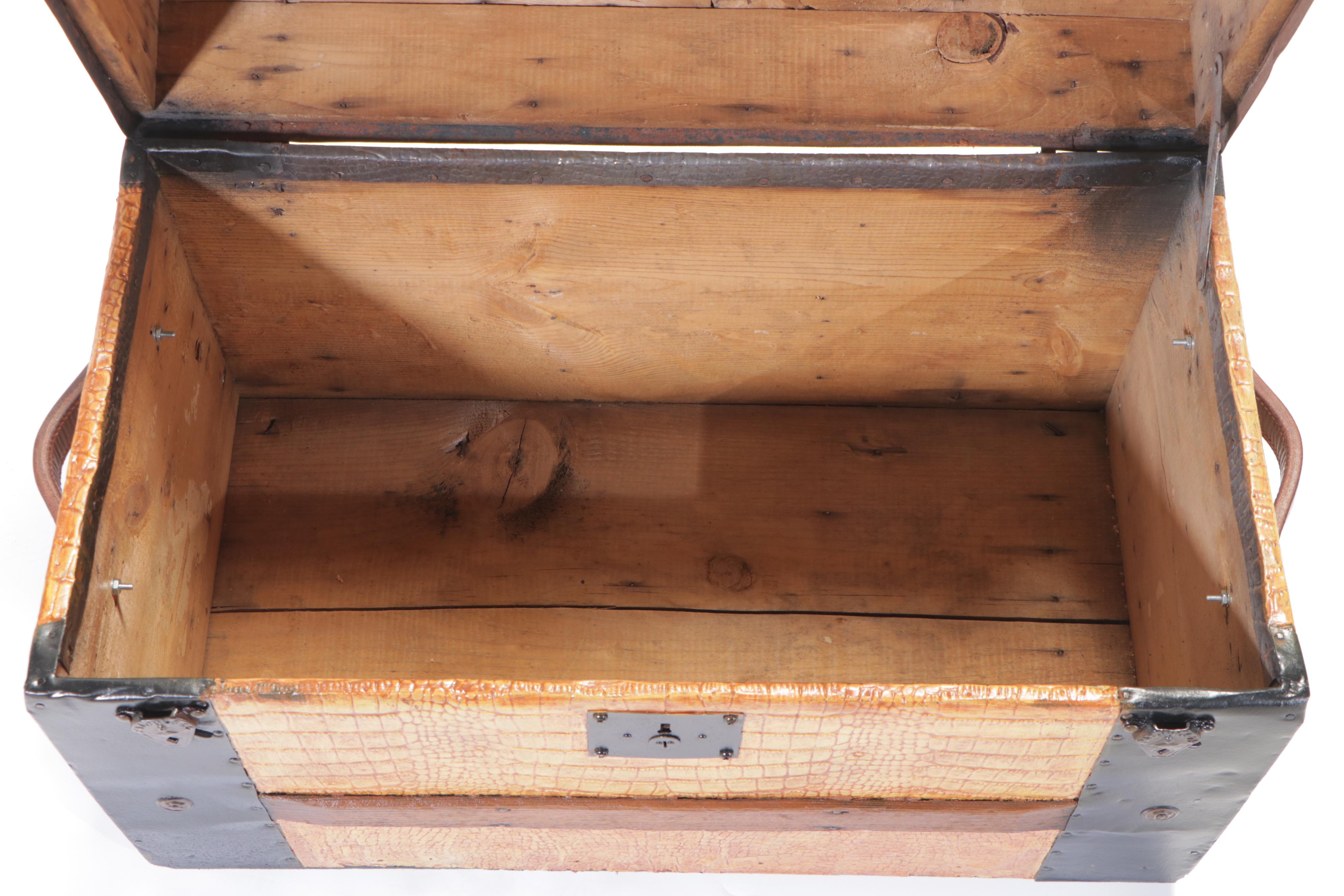 Small Late Victorian Alligator-Embossed Metal Dome Top Steamer Trunk