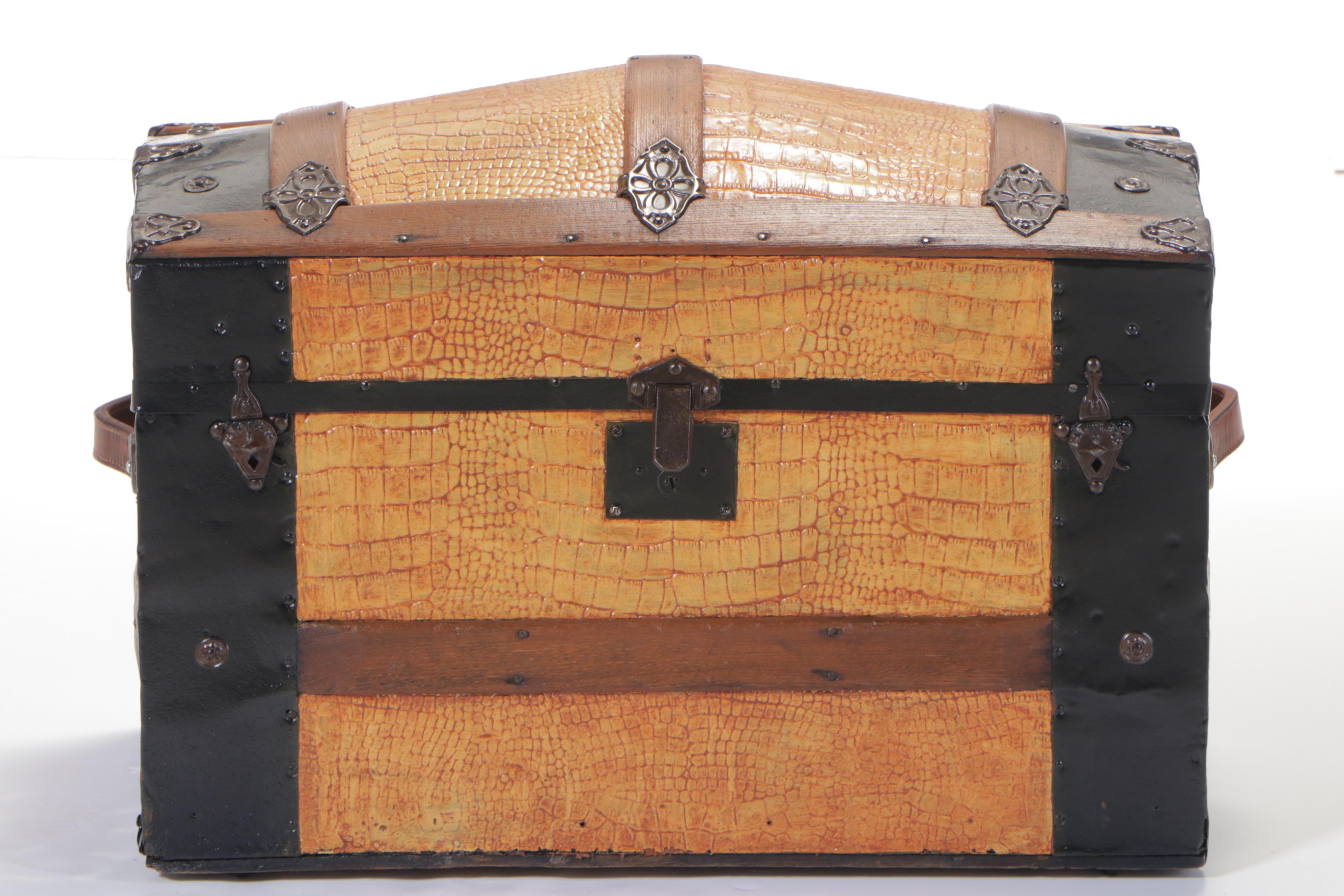 Small Late Victorian Alligator-Embossed Metal Dome Top Steamer Trunk