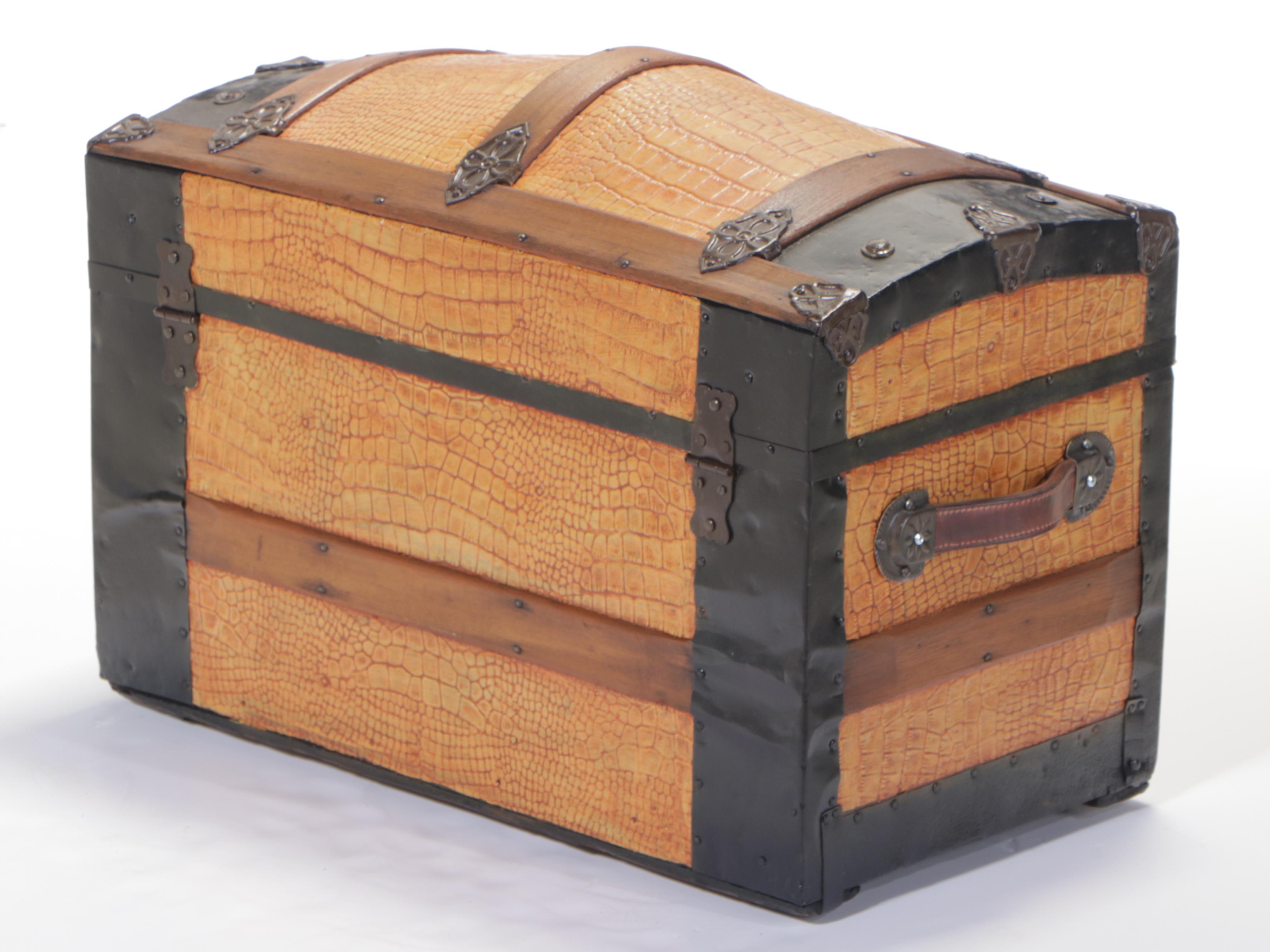 Small Late Victorian Alligator-Embossed Metal Dome Top Steamer Trunk