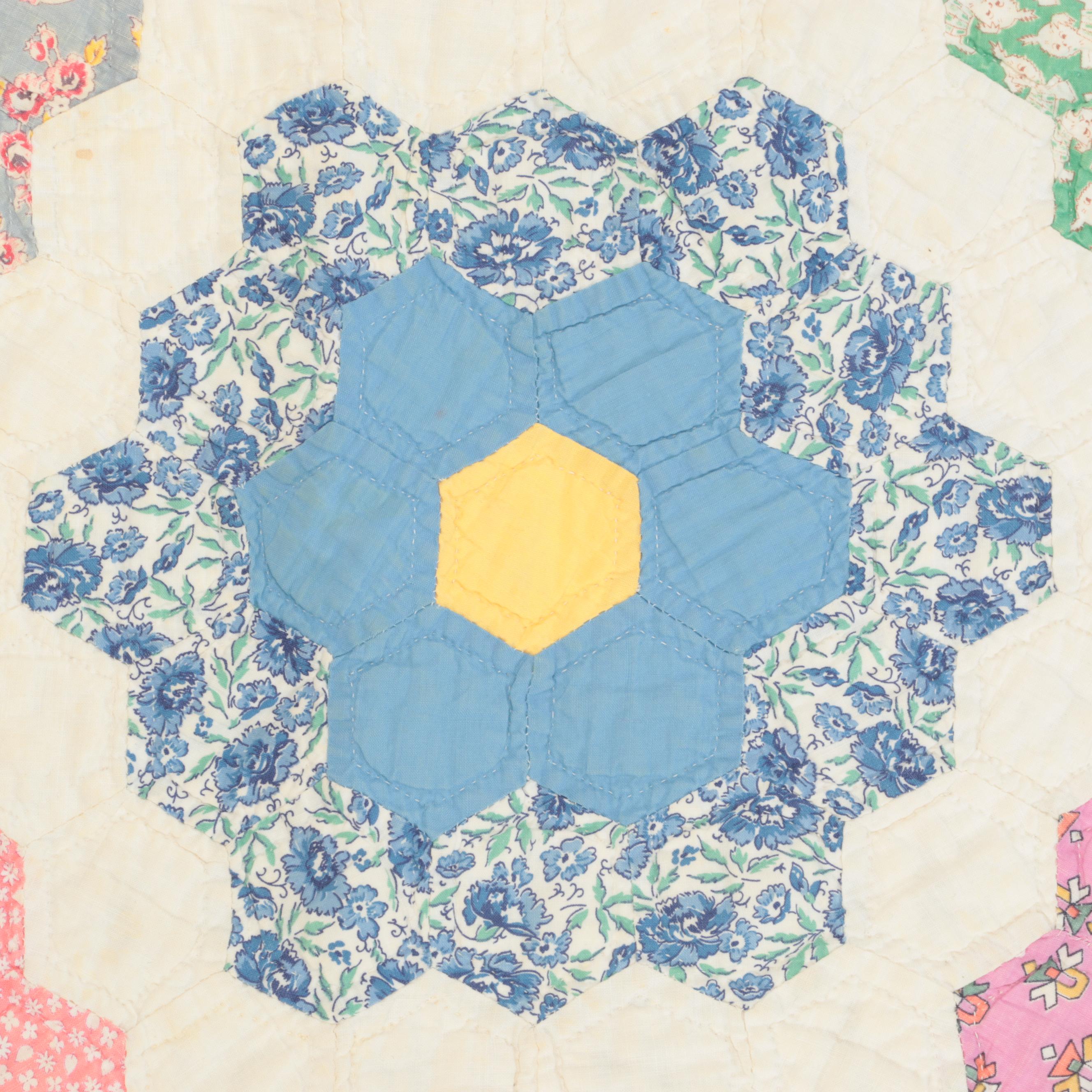 Handmade "Grandmother's Flower Garden" Pieced Cotton Quilt, Mid-20th C.