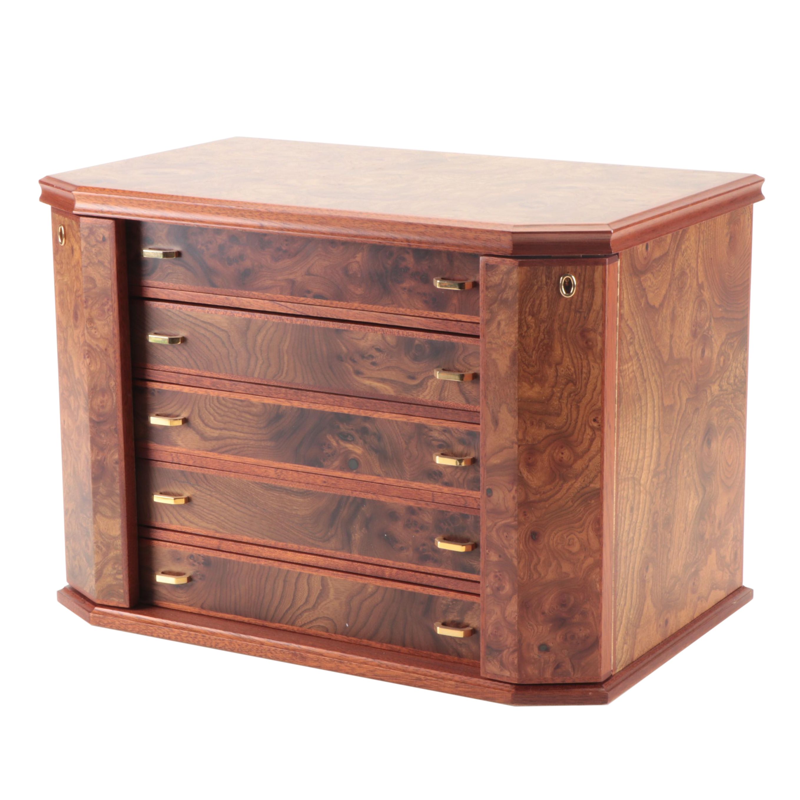 Nordstrom Five-Drawer Walnut Burl Jewelry Box with Key