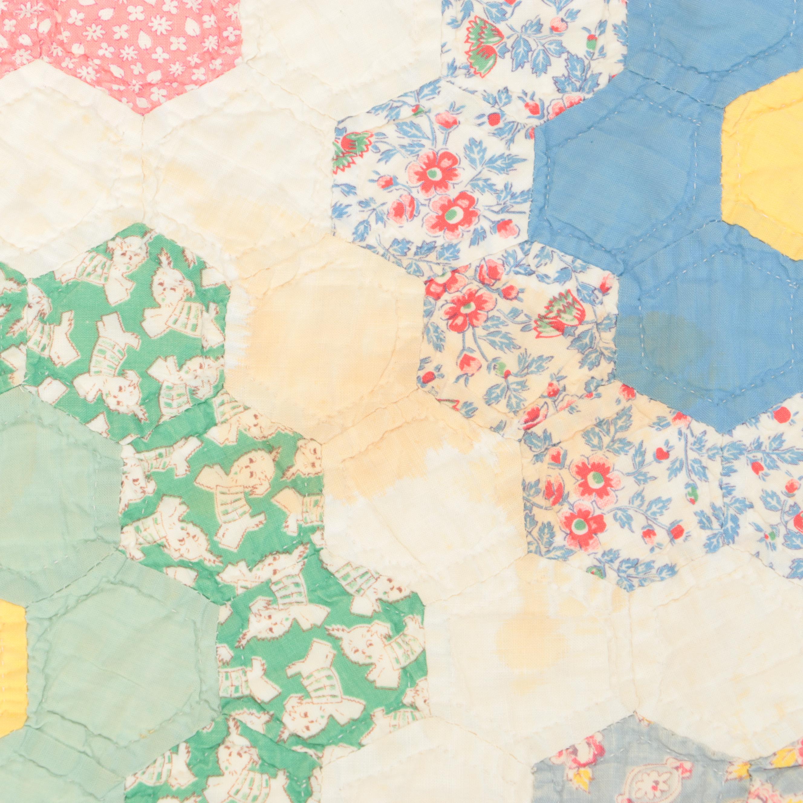 Handmade "Grandmother's Flower Garden" Pieced Cotton Quilt, Mid-20th C.