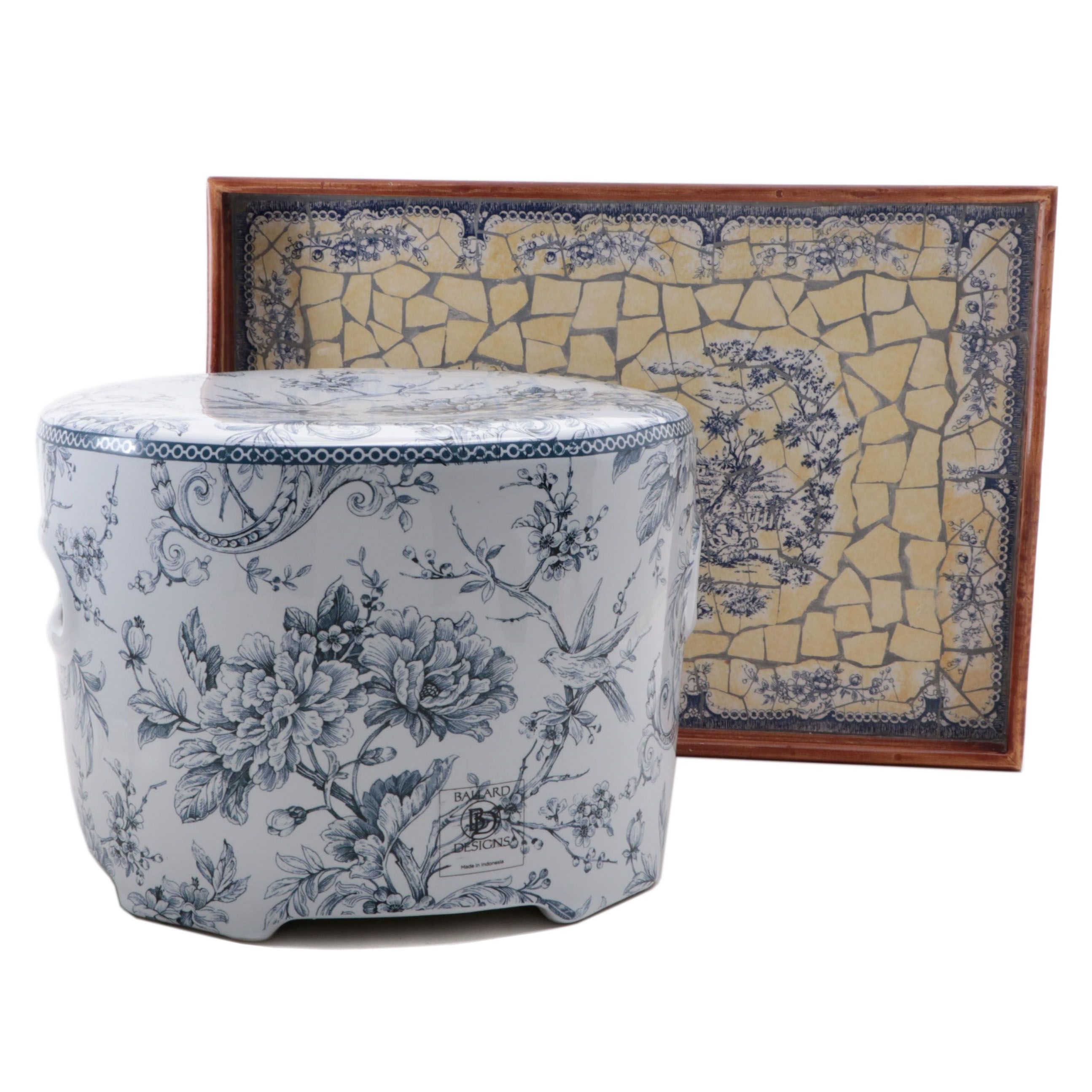 Ballard Designs "Adelaide" Porcelain Garden Seat and Mosaic Serving Tray