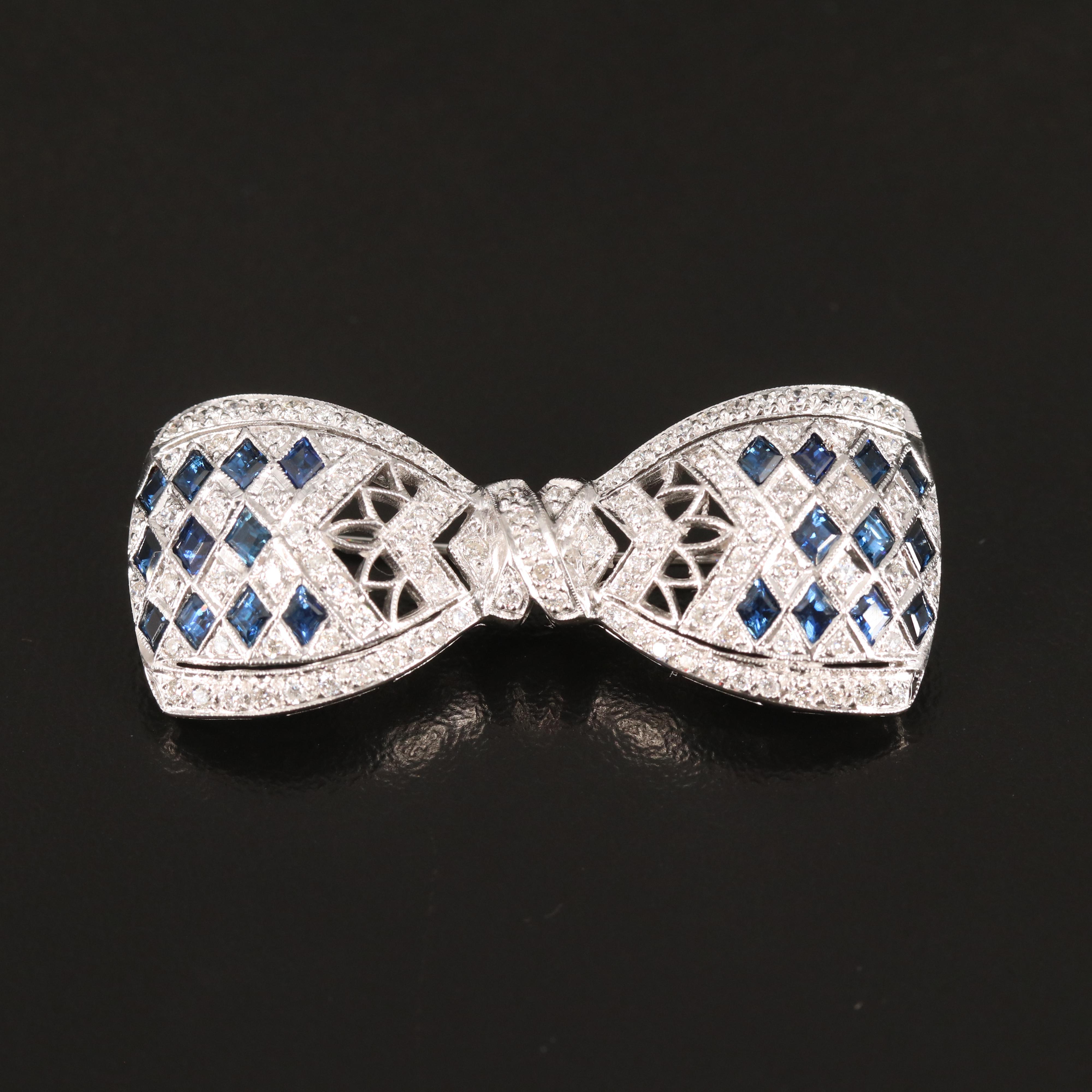Vintage 18K Diamond and Sapphire Openwork Bow Brooch