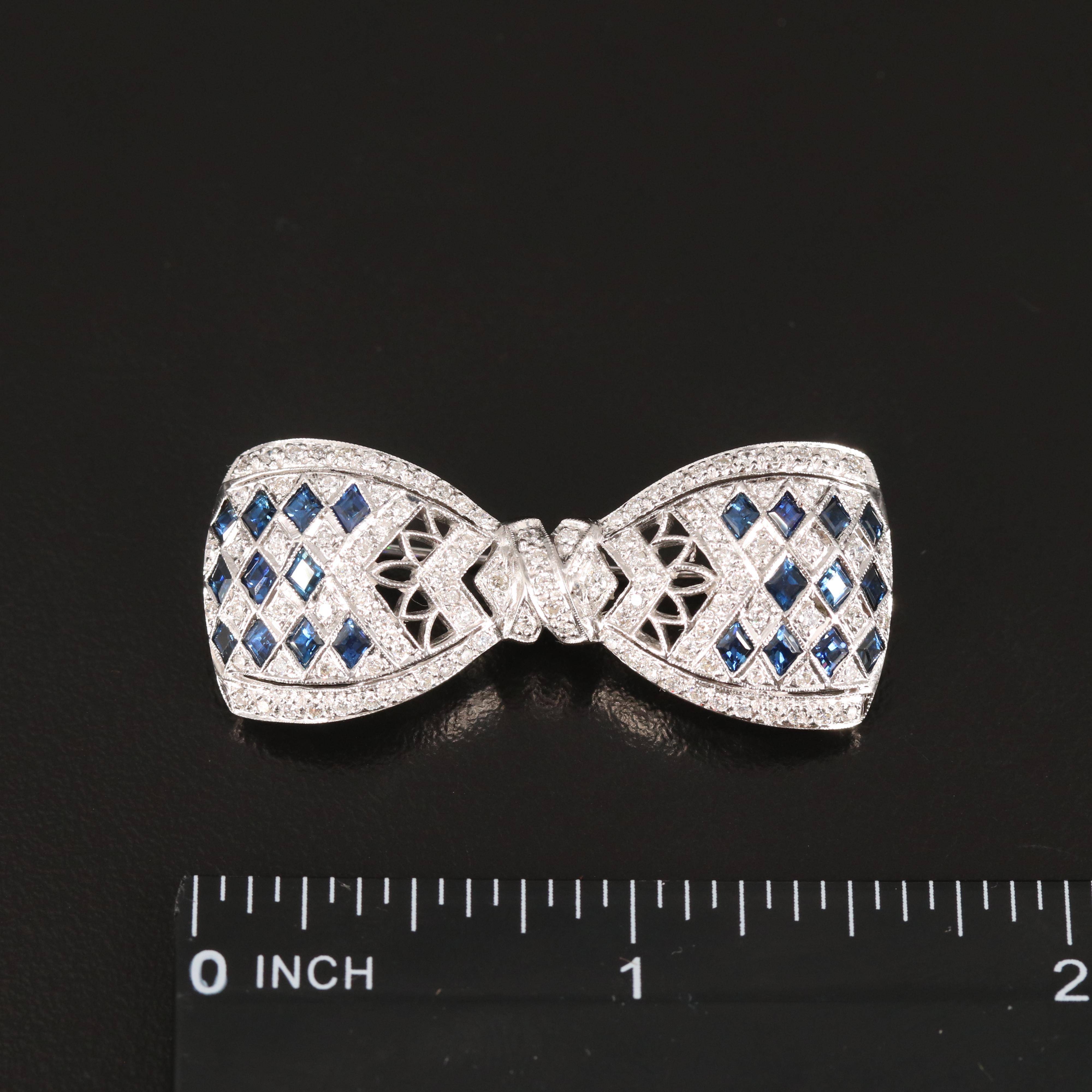 Vintage 18K Diamond and Sapphire Openwork Bow Brooch