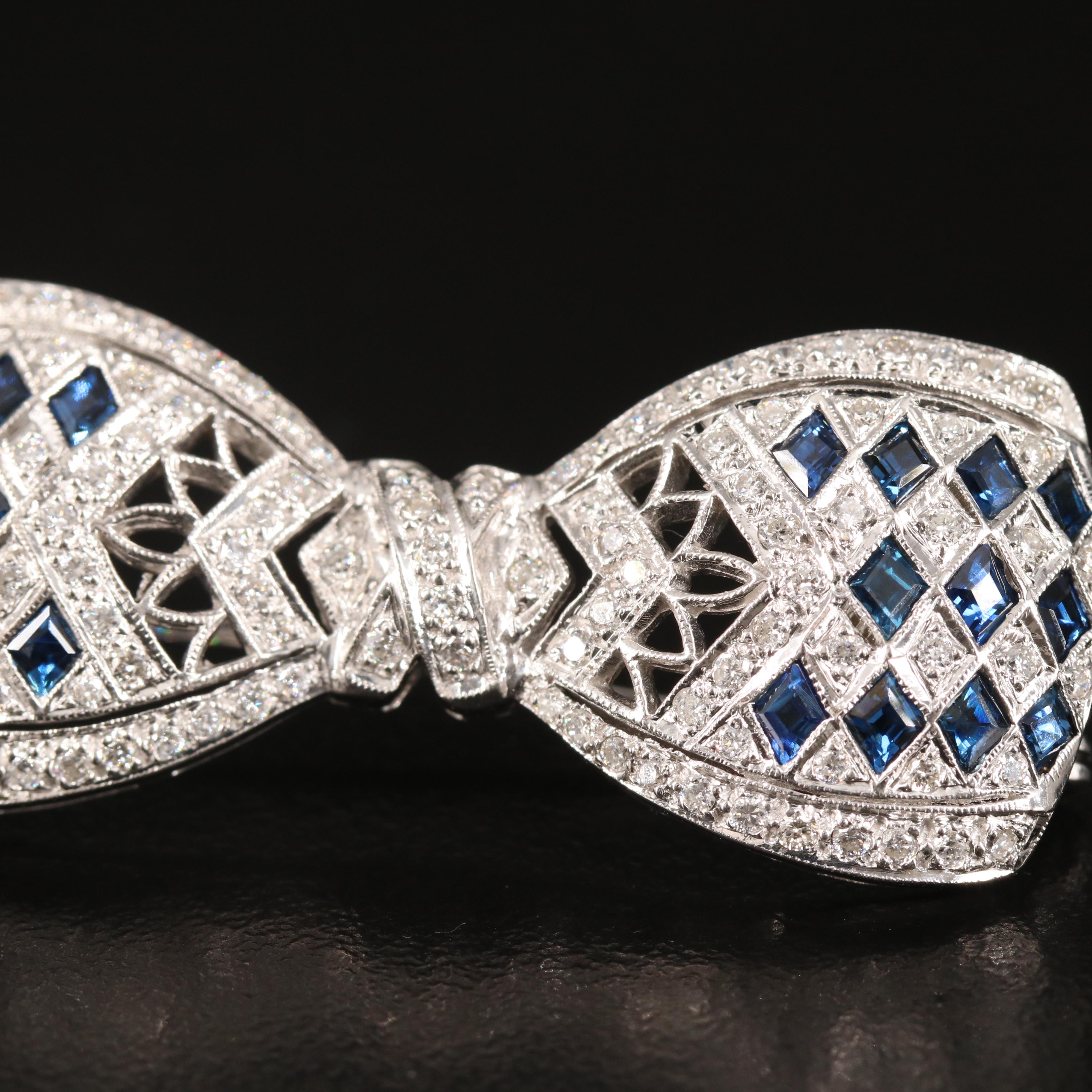 Vintage 18K Diamond and Sapphire Openwork Bow Brooch