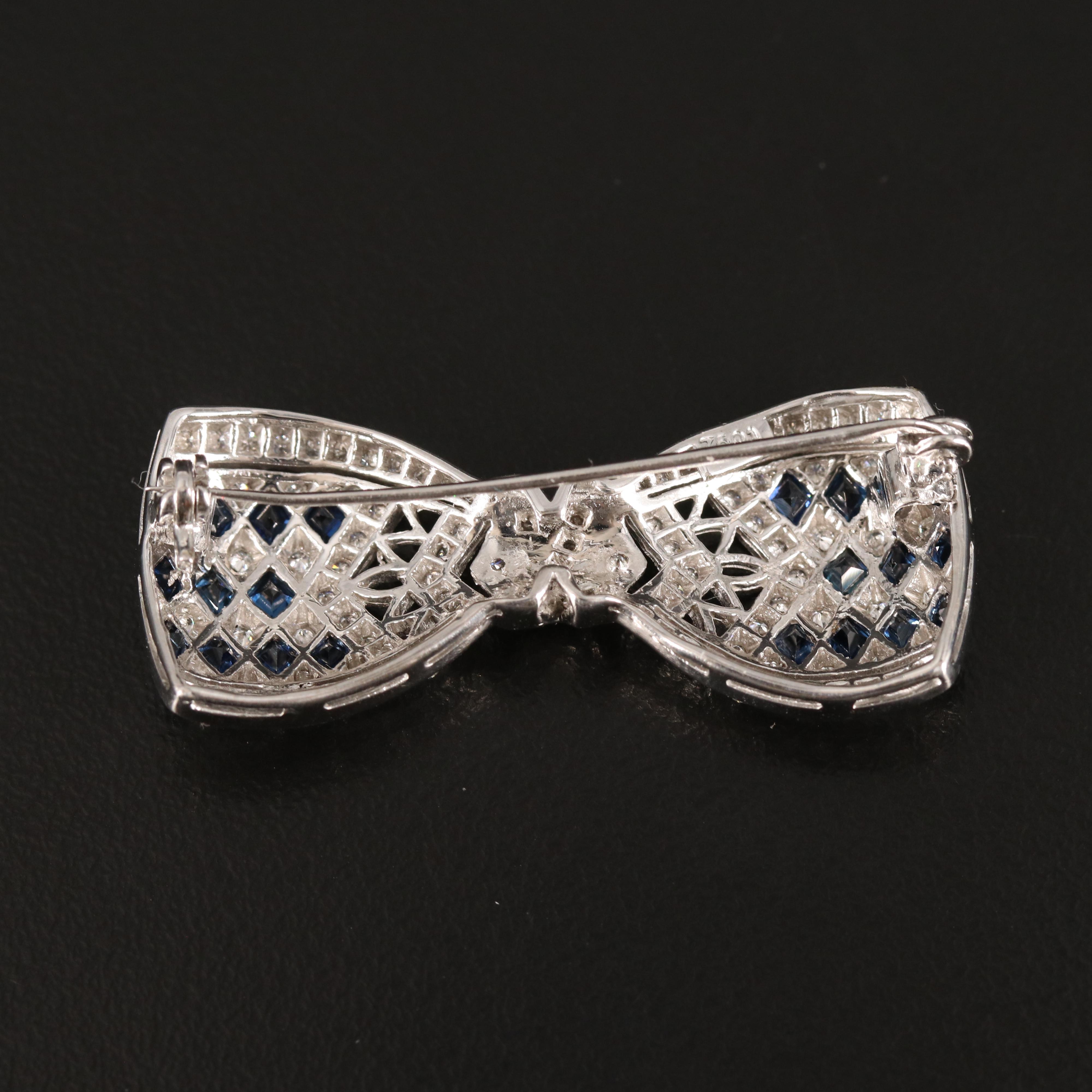 Vintage 18K Diamond and Sapphire Openwork Bow Brooch