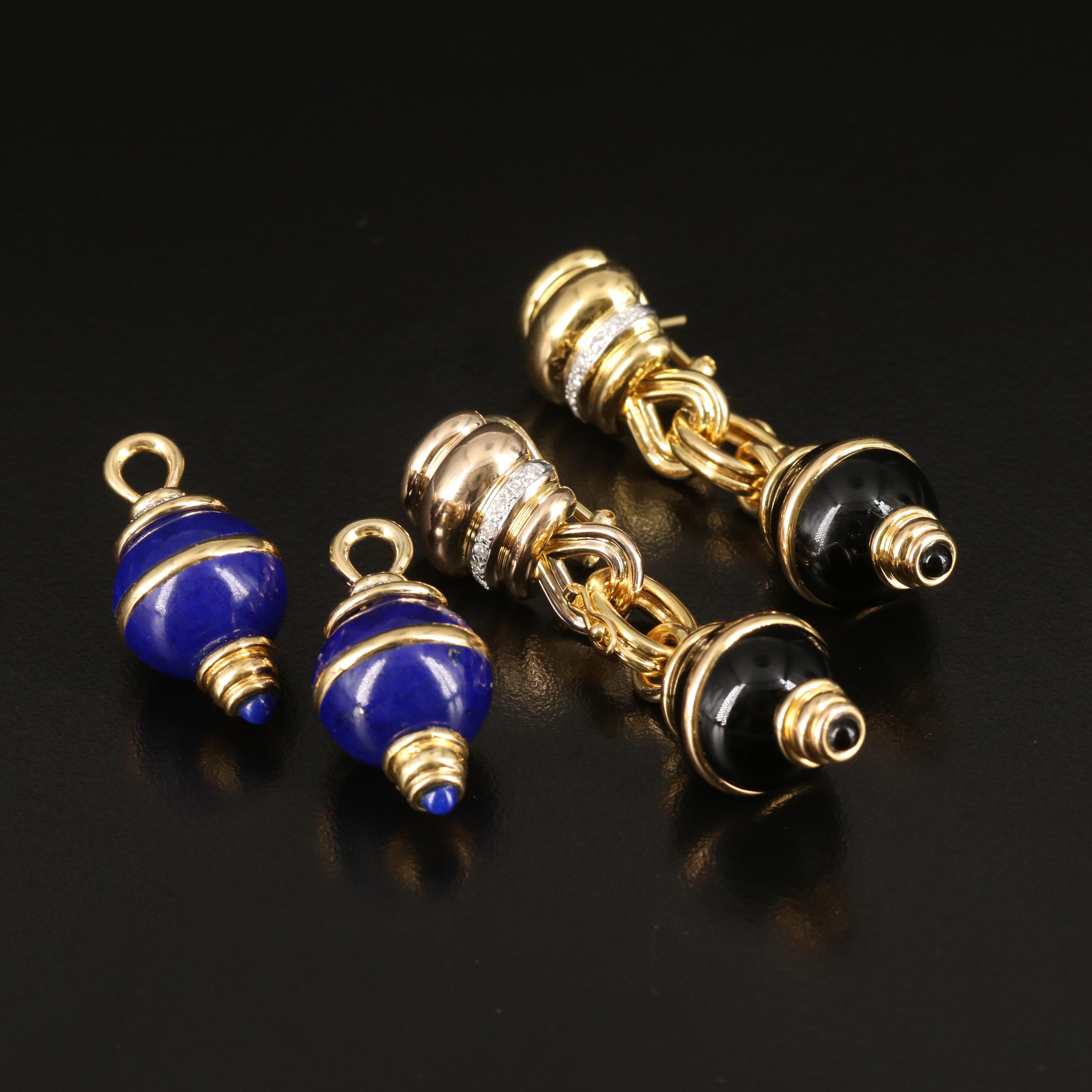 18K 0.90 CTW Diamond Earrings with Changeable Black Onyx and Lapis Lazuli Drops
