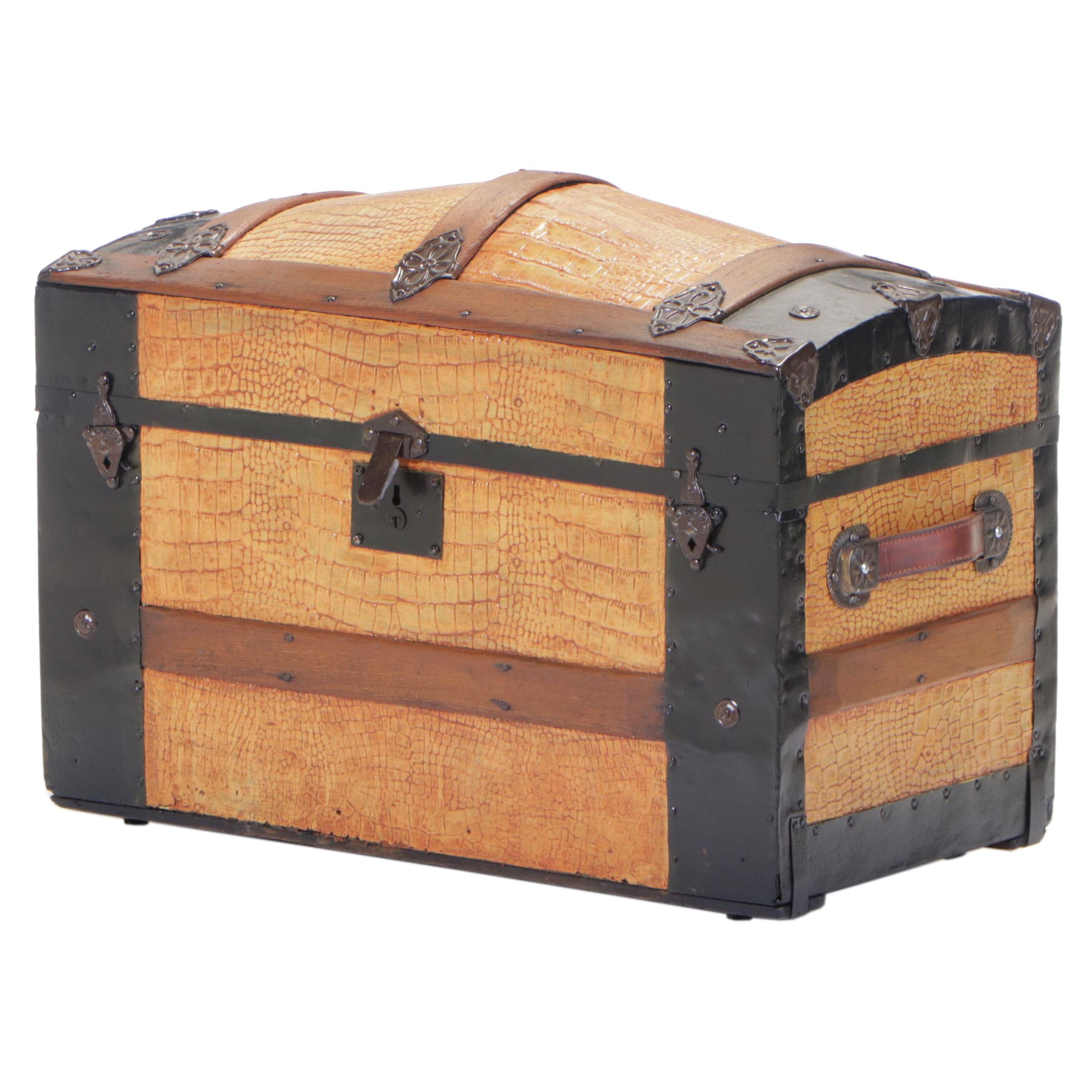 Small Late Victorian Alligator-Embossed Metal Dome Top Steamer Trunk