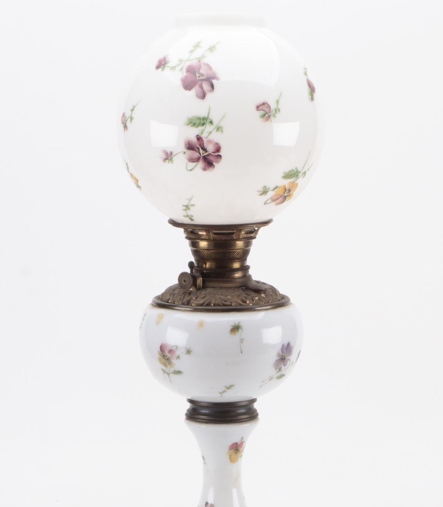 Victorian Hand-Painted Milk Glass Oil Lamp, Adapted Early 20th Century