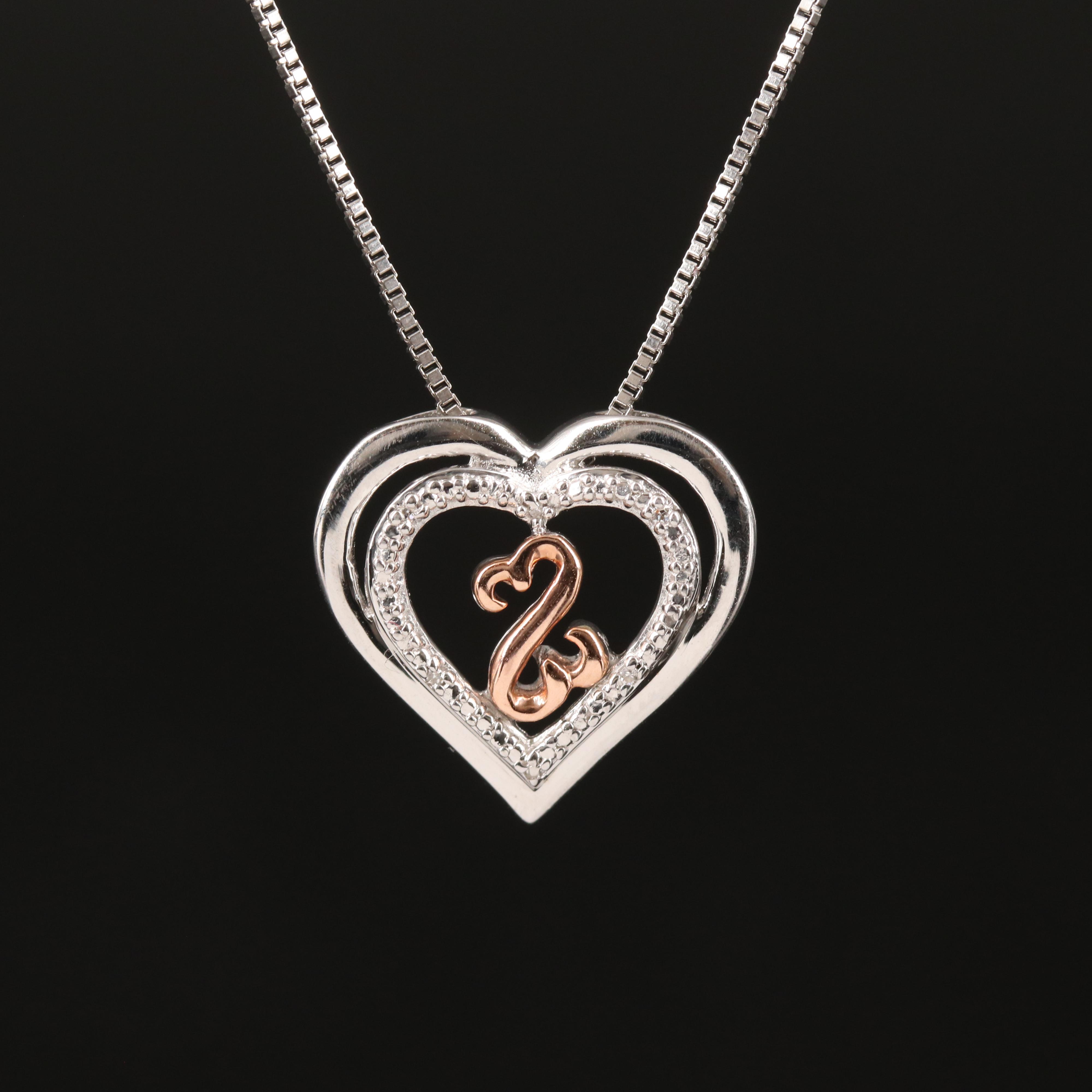 Diamond Heart Pendant Necklace in Sterling with 10K Rose Gold Accents