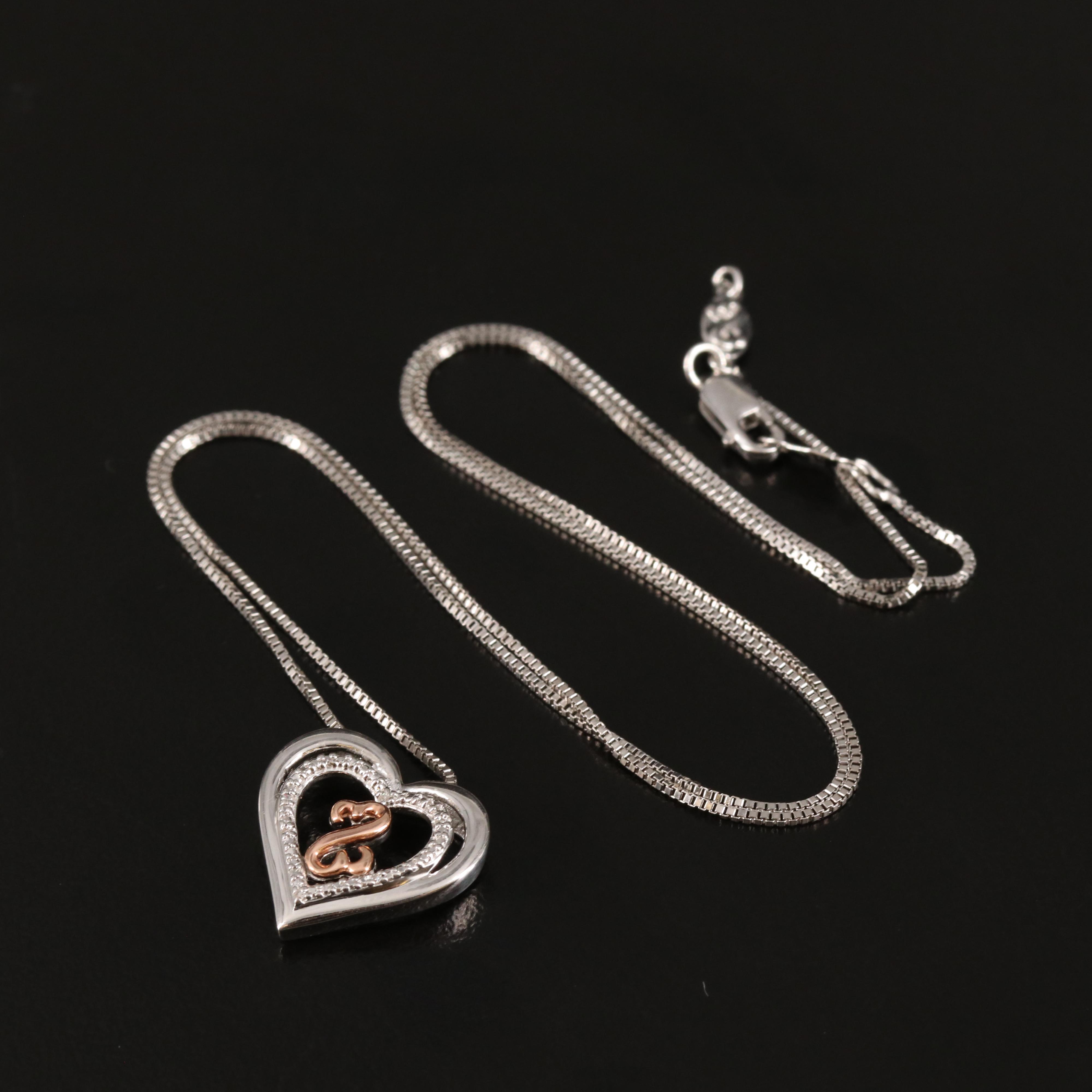 Diamond Heart Pendant Necklace in Sterling with 10K Rose Gold Accents
